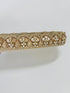 Gold embroidered lace trim with floral beadwork and scalloped edge for garments and crafts