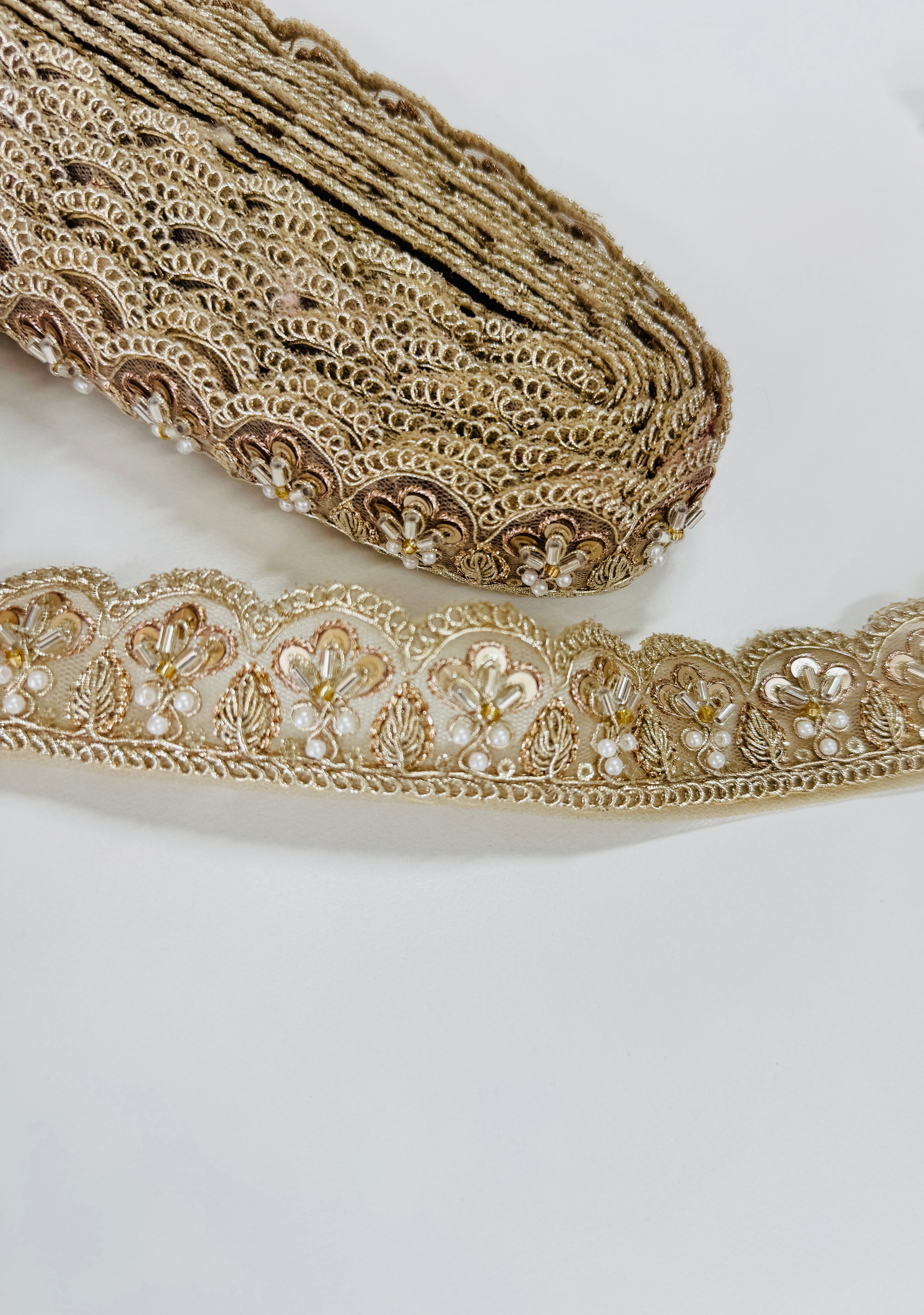 Gold embroidered lace trim with floral beadwork and scalloped edge for garments and crafts
