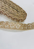 Gold embroidered lace trim with floral beadwork and scalloped edge for garments and crafts