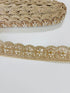 Gold embroidered lace trim with floral beadwork and scalloped edge for garments and crafts