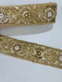 Gold embroidered lace trim with floral beadwork and sequin details for garment borders and crafts