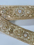 Gold embroidered lace trim with floral beadwork and sequin details for garment borders and crafts