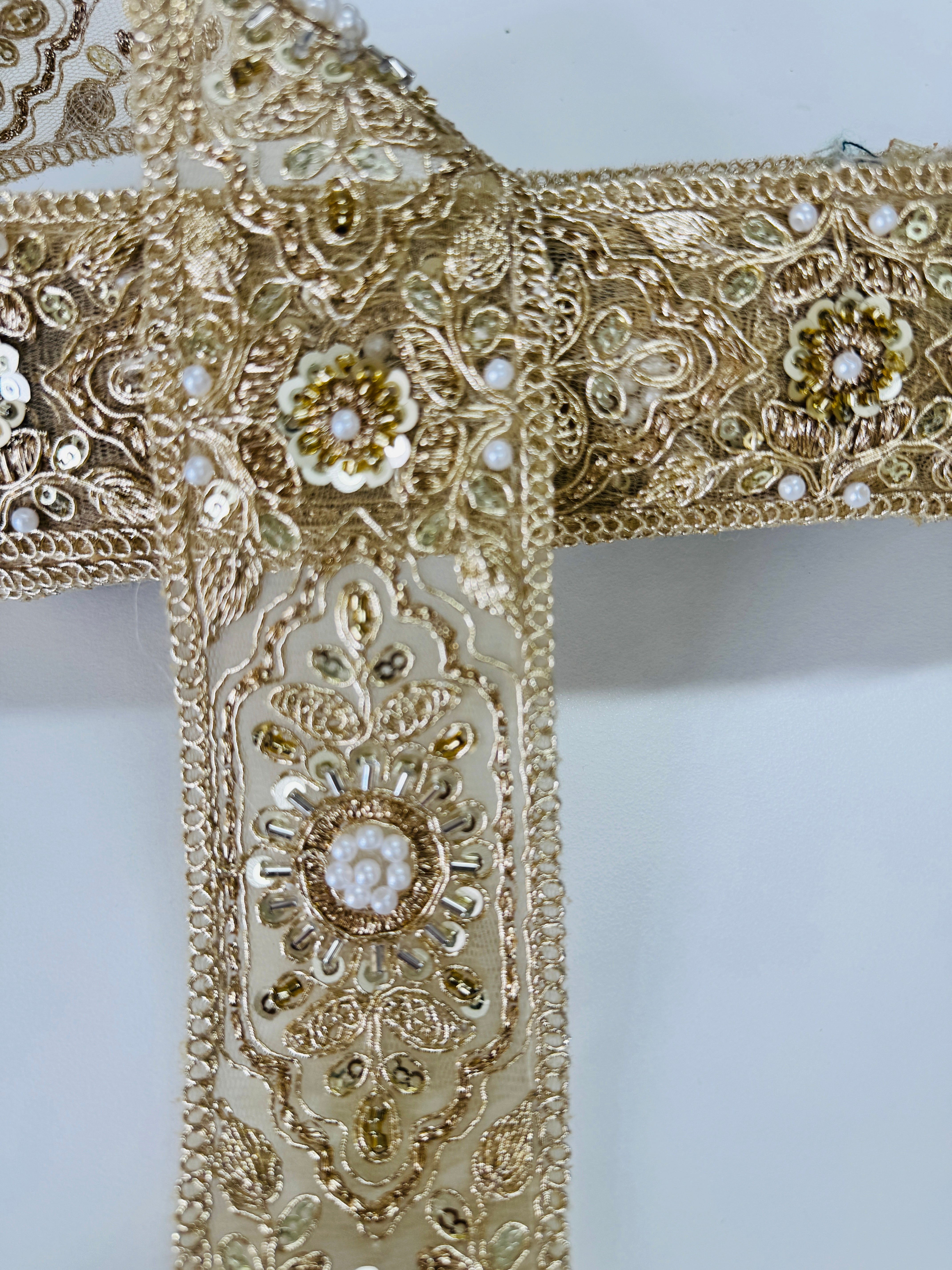 Gold embroidered lace trim with floral beadwork and sequin details for garment borders and crafts
