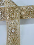 Gold embroidered lace trim with floral beadwork and sequin details for garment borders and crafts