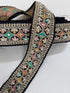 Multicolor embroidered trim on black with beads, sequins, and metallic thread detailing for lehengas, sarees, dupattas, costumes, accessories, and sewing projects.