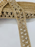 Champagne beaded lace trim with crystal embellishments and embroidered openwork design for bridal gowns, veils, lehengas, sarees, and couture sewing projects.