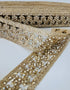 Champagne beaded lace trim with crystal embellishments and embroidered openwork design for bridal gowns, veils, lehengas, sarees, and couture sewing projects.