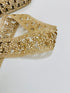 Champagne beaded lace trim with crystal embellishments and embroidered openwork design for bridal gowns, veils, lehengas, sarees, and couture sewing projects.