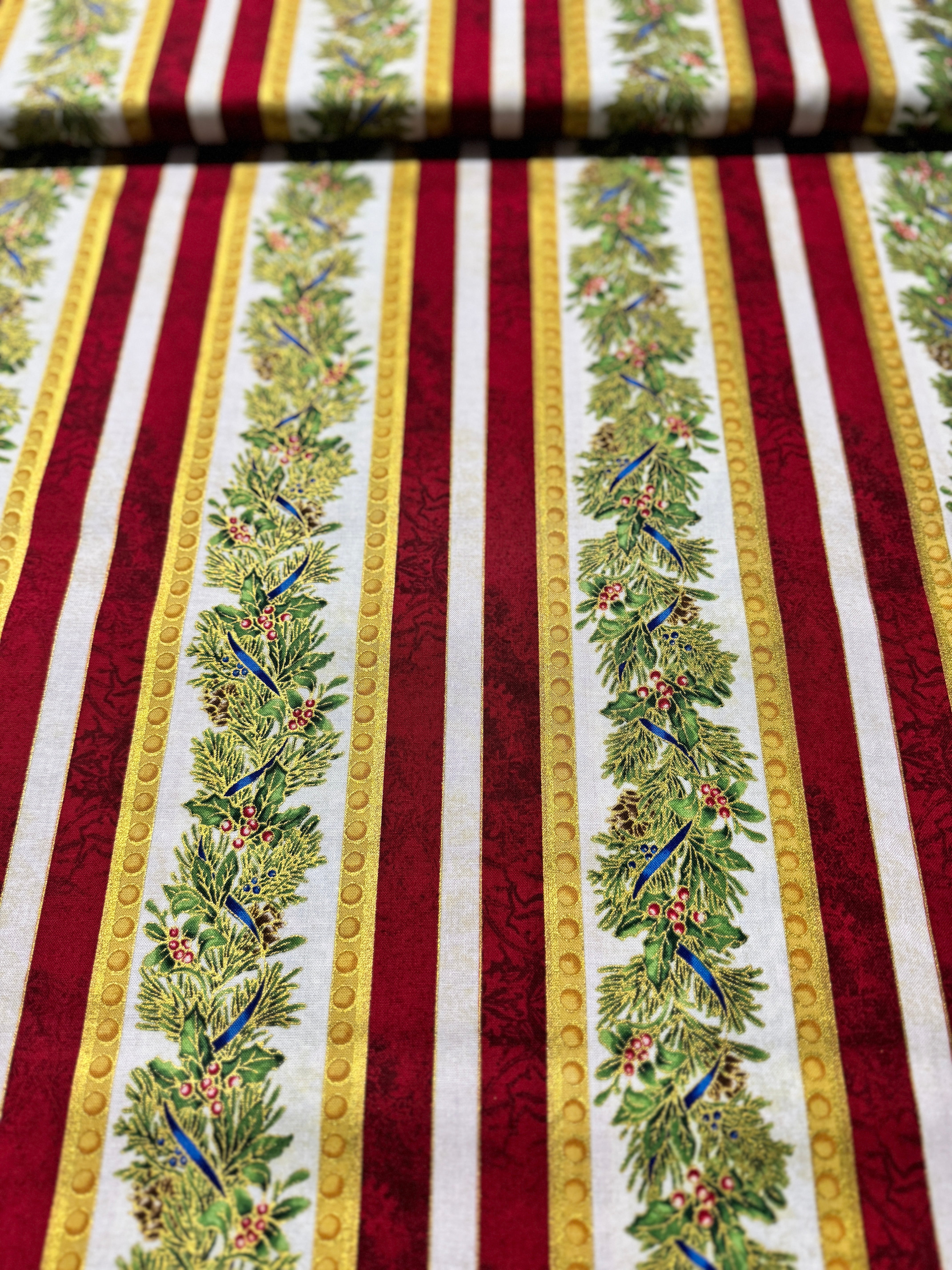 Winter's Grandeur 8 - Holiday Gold Metallic Pine Branch Stripes - Remnant