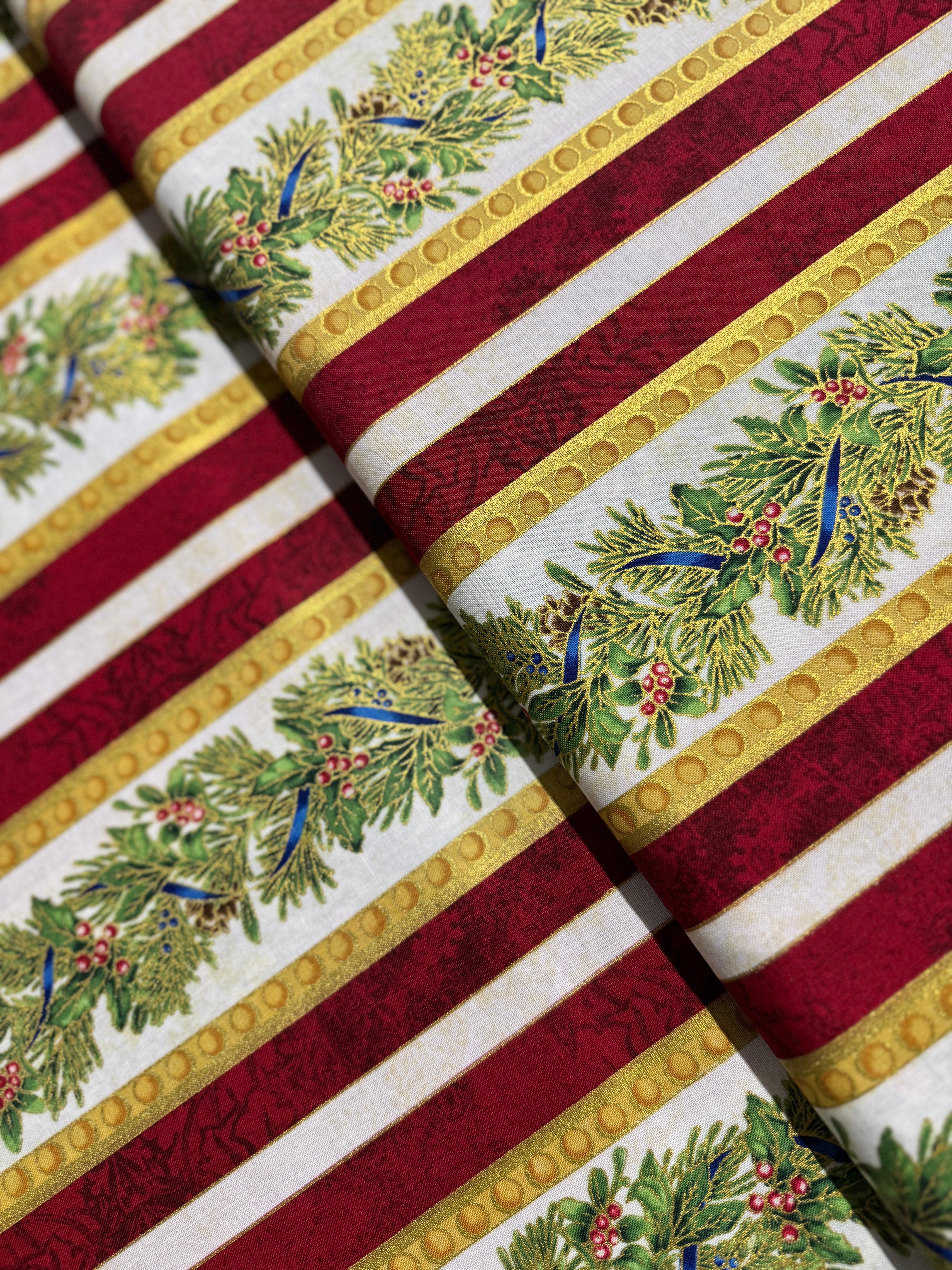 Winter's Grandeur 8 - Holiday Gold Metallic Pine Branch Stripes - Remnant