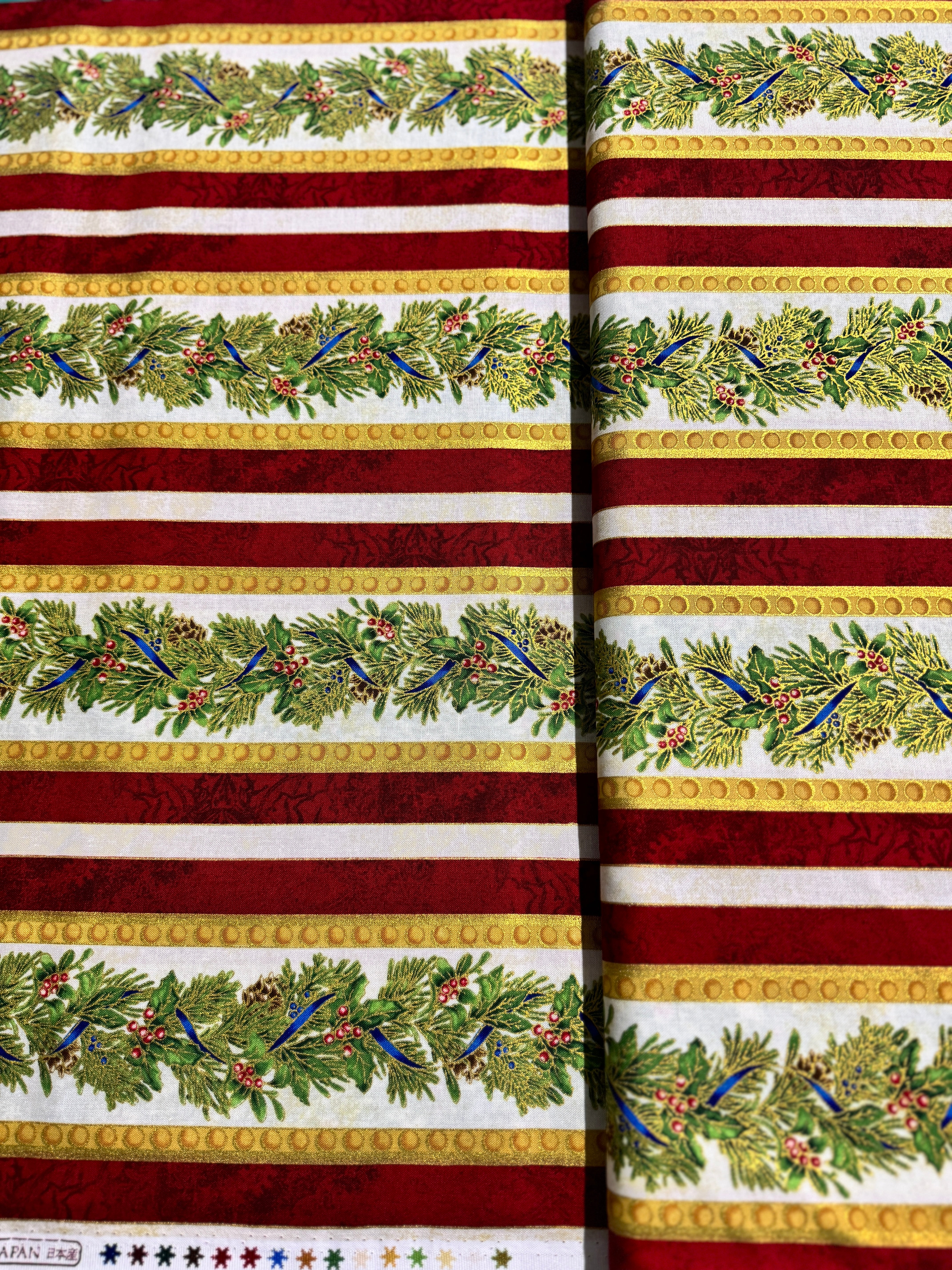 Winter's Grandeur 8 - Holiday Gold Metallic Pine Branch Stripes - Remnant