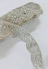 Ivory pearl beaded scalloped lace trim with intricate embroidery, sequins, and pearl embellishments for bridal gowns, veils, sarees, lehengas, christening dresses, and couture sewing projects.