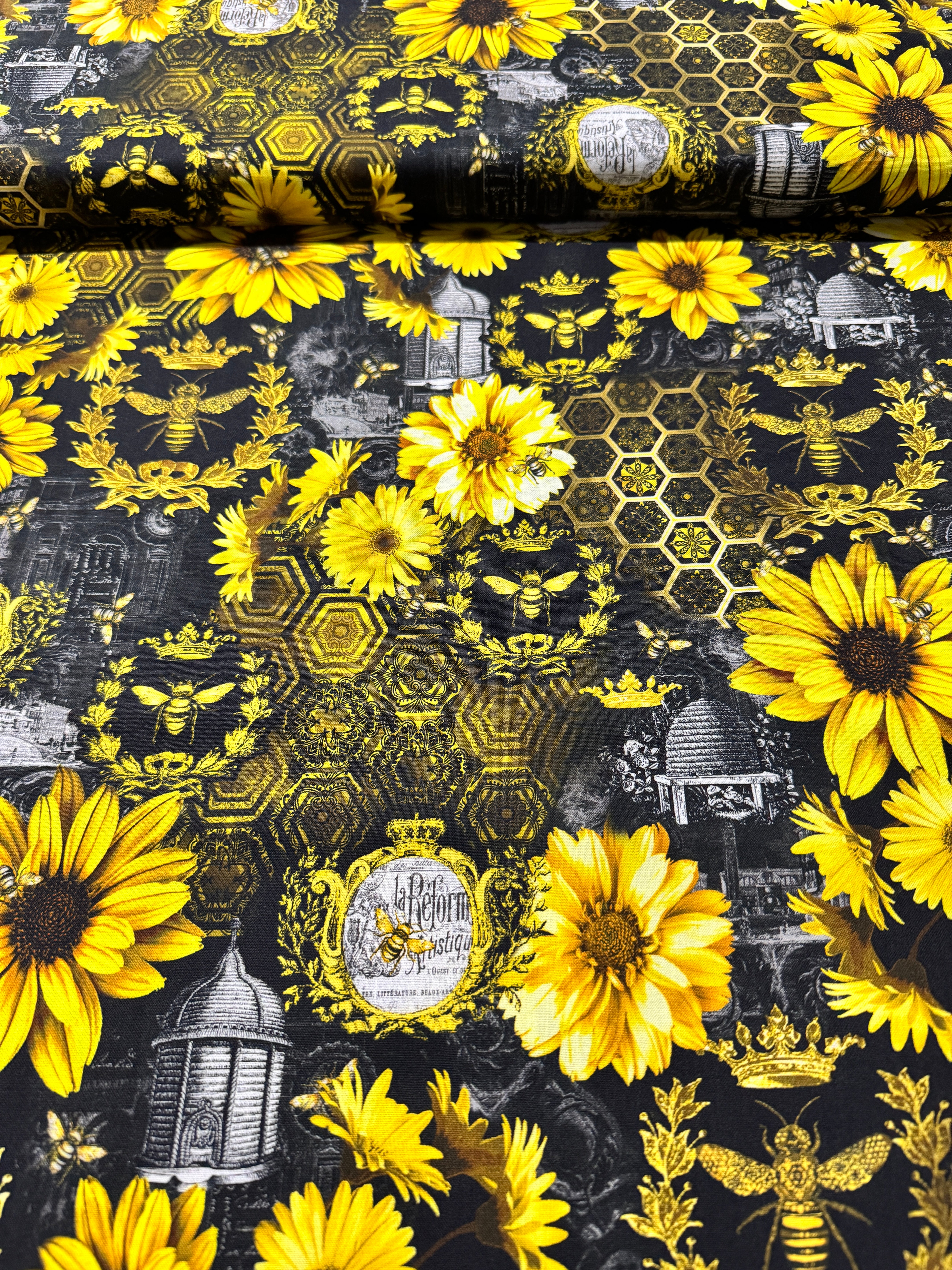 Queen Bee - Sunflower Allover Black Yardage