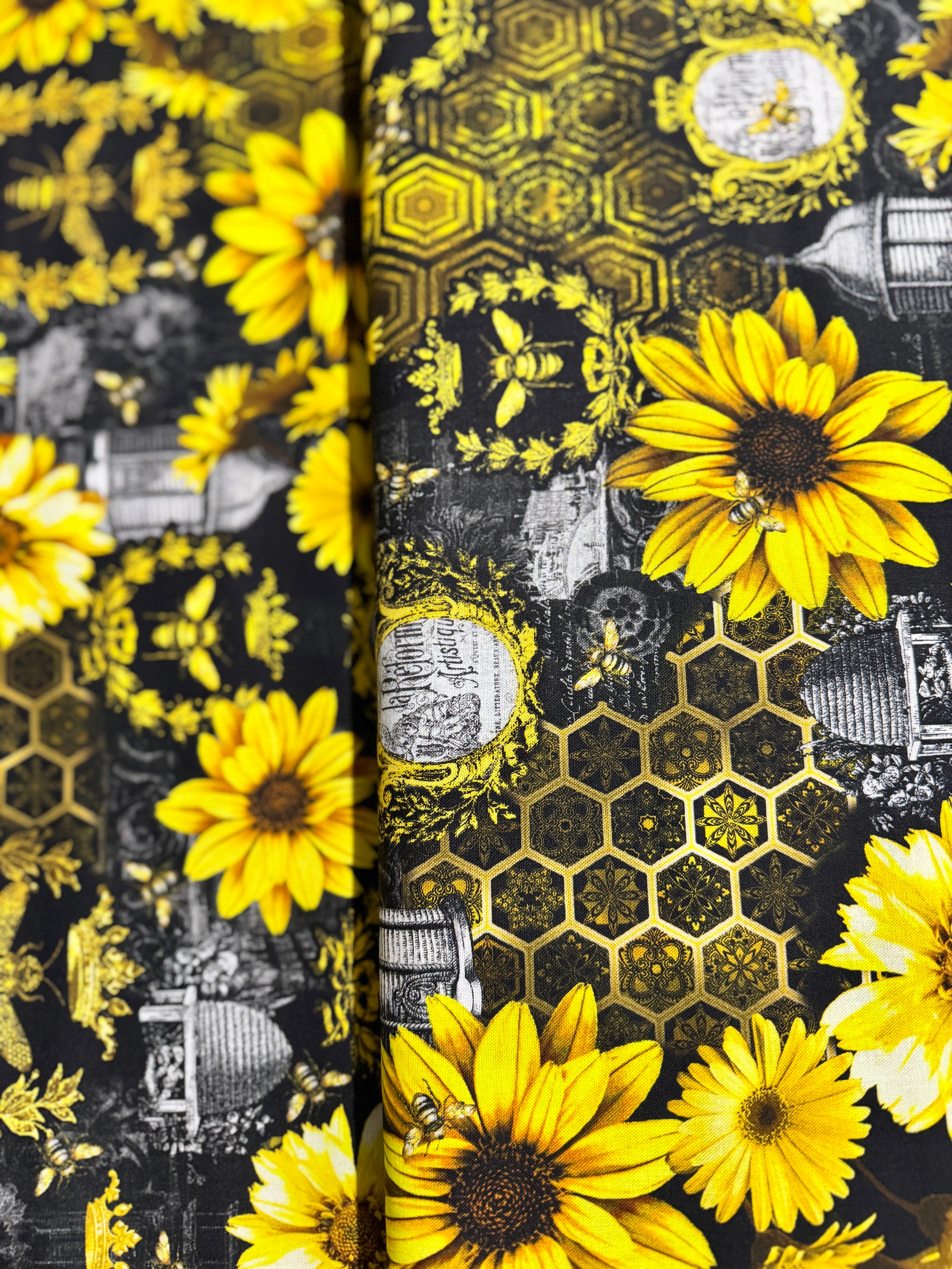Queen Bee - Sunflower Allover Black Yardage