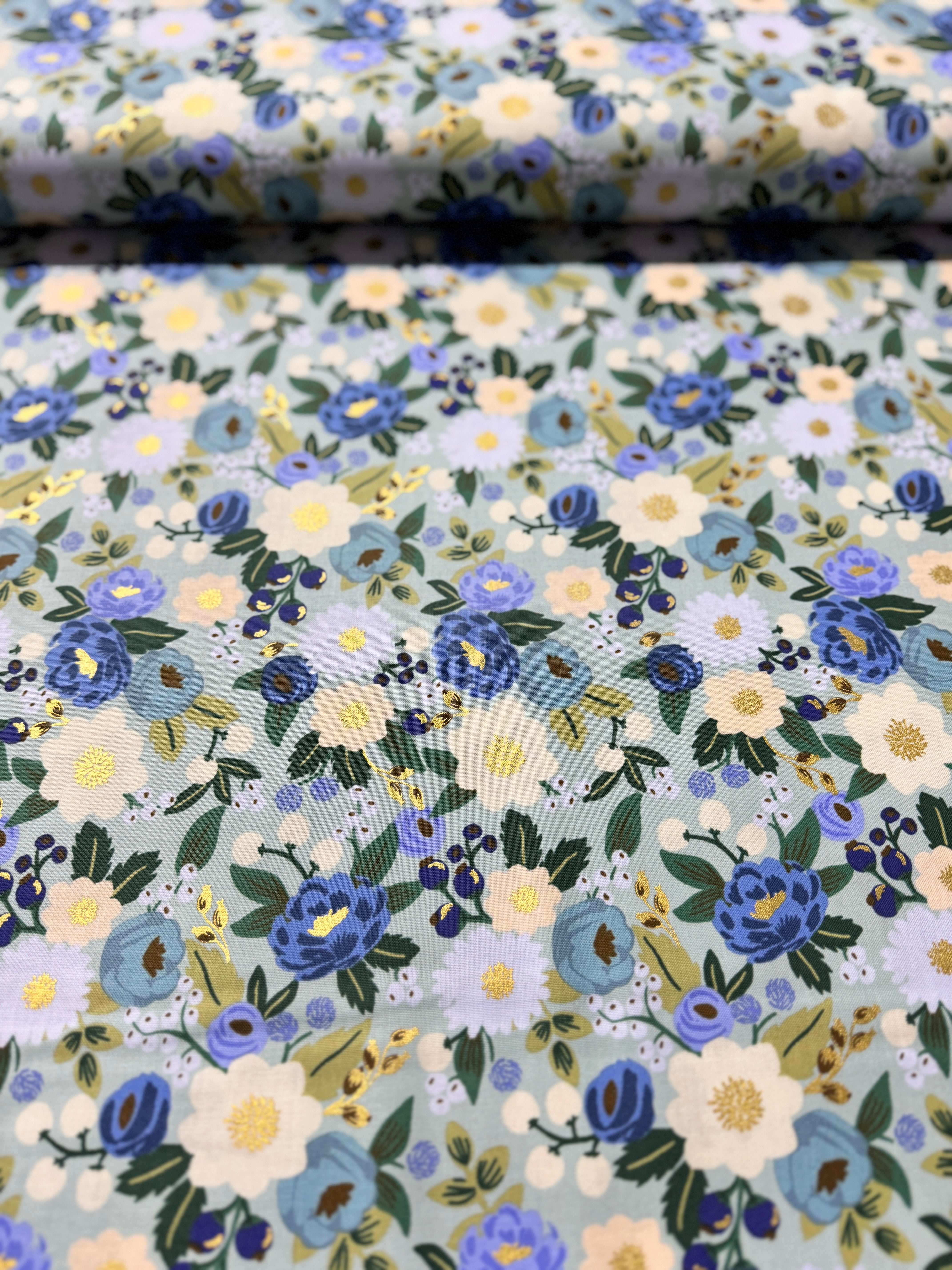 Vintage Garden - Vintage Blossom Mint Metallic Yardage