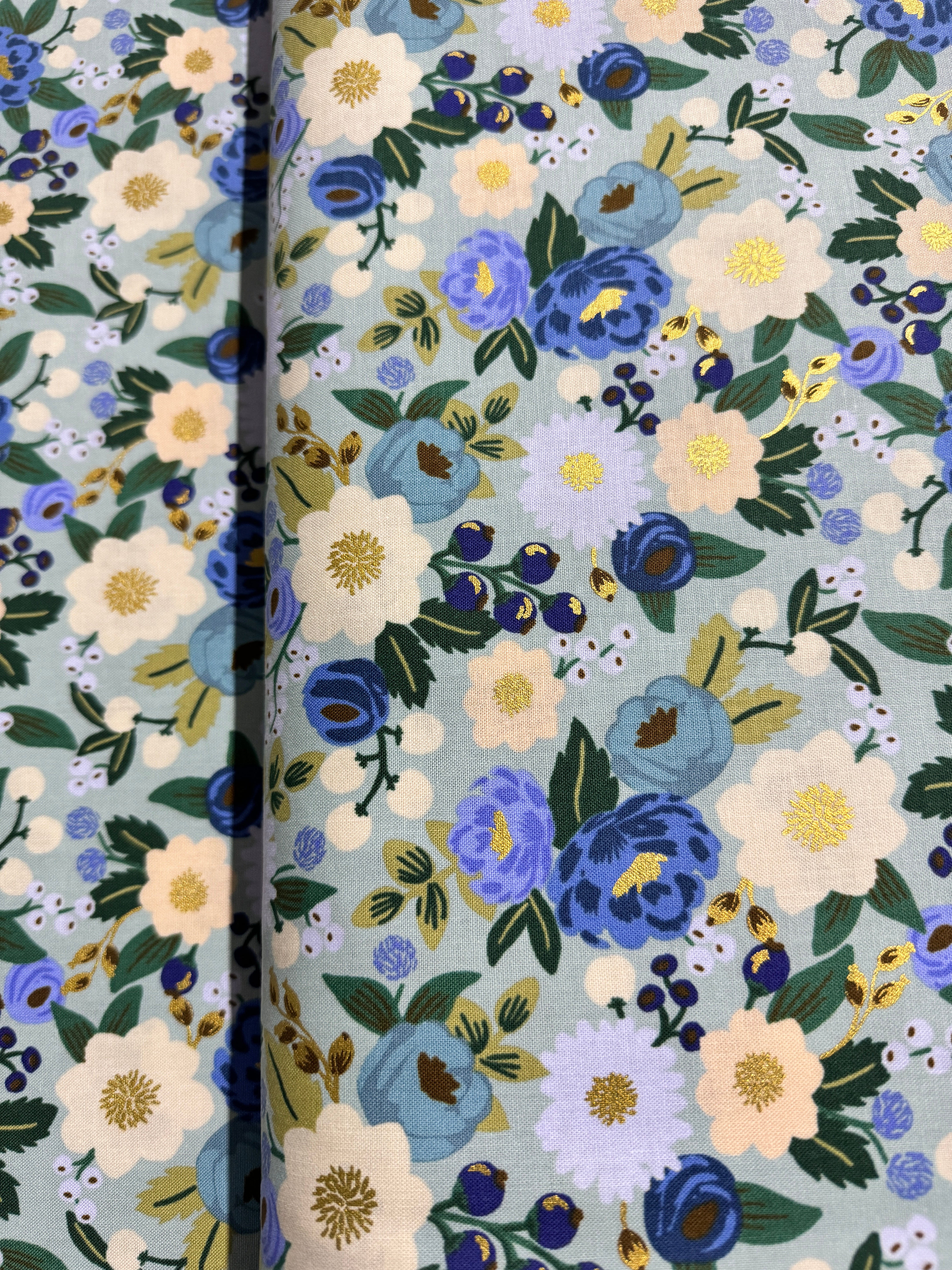 Vintage Garden - Vintage Blossom Mint Metallic Yardage