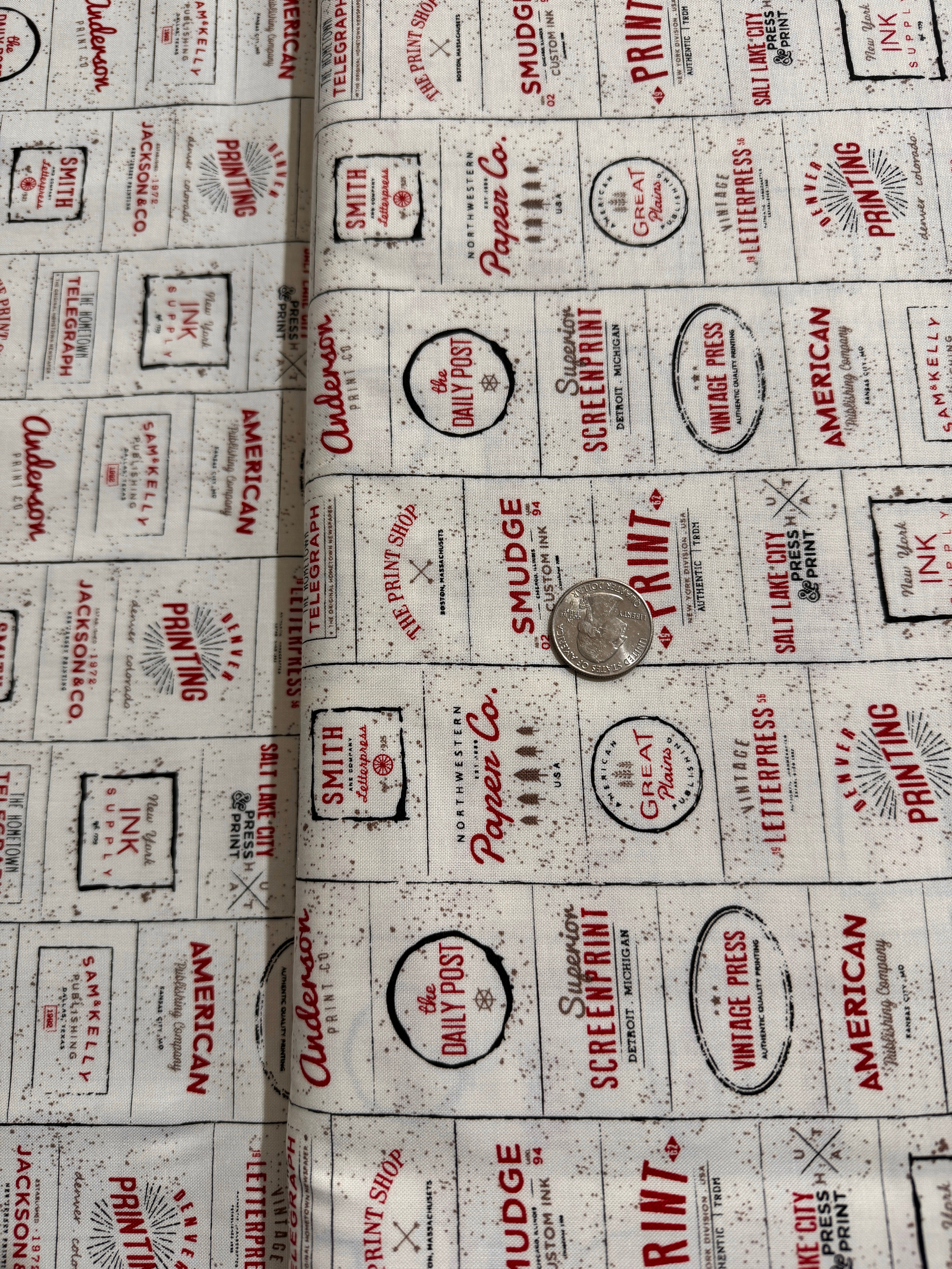 The Print Shop - Modern Logos Cream Red Yardage