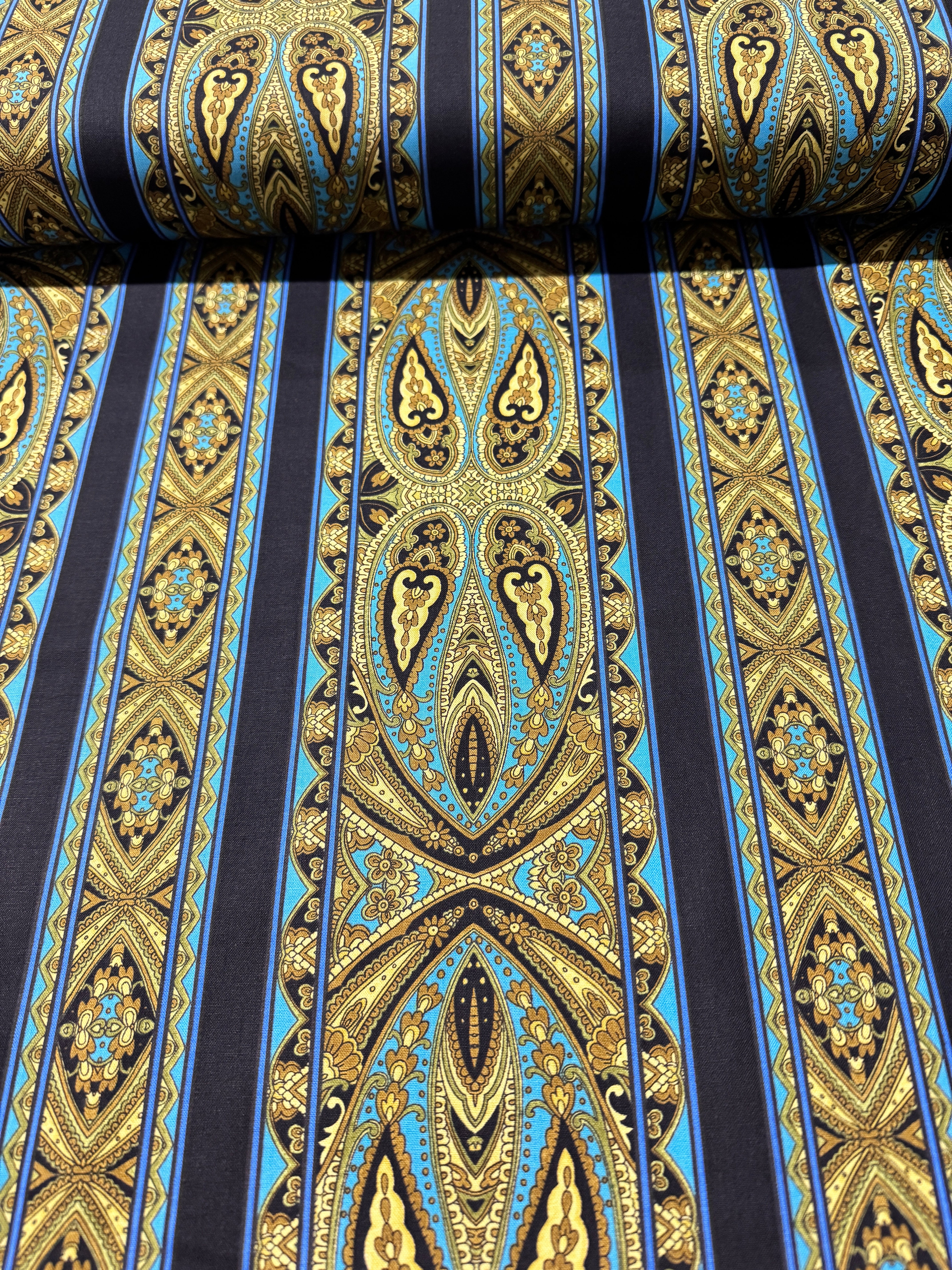 Casablanca - Border Bright Teal fabric by Jinny Beyer for RJR Fabrics with ornate teal and navy border design on 100% cotton.