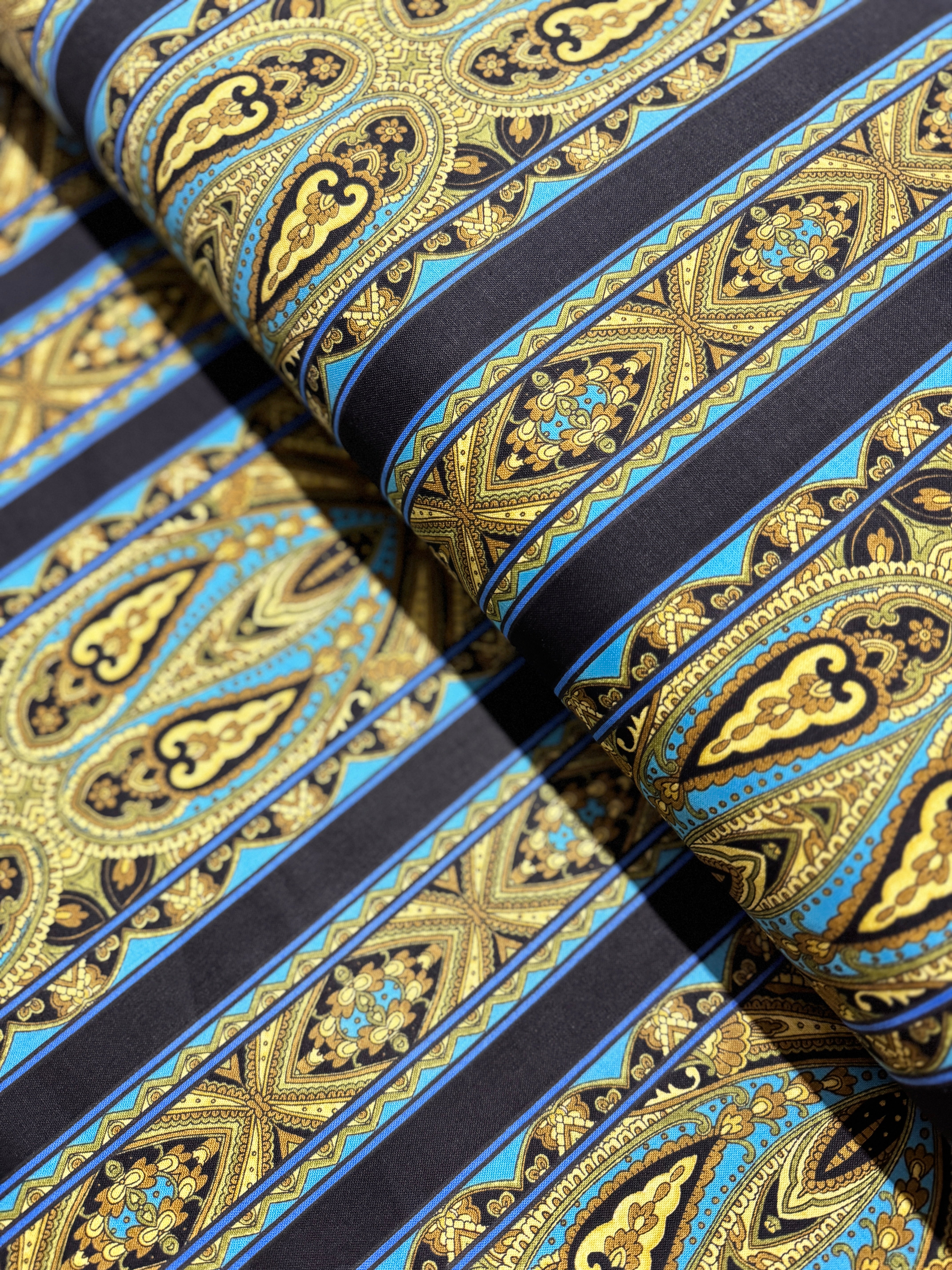 Casablanca - Border Bright Teal fabric by Jinny Beyer for RJR Fabrics with ornate teal and navy border design on 100% cotton.