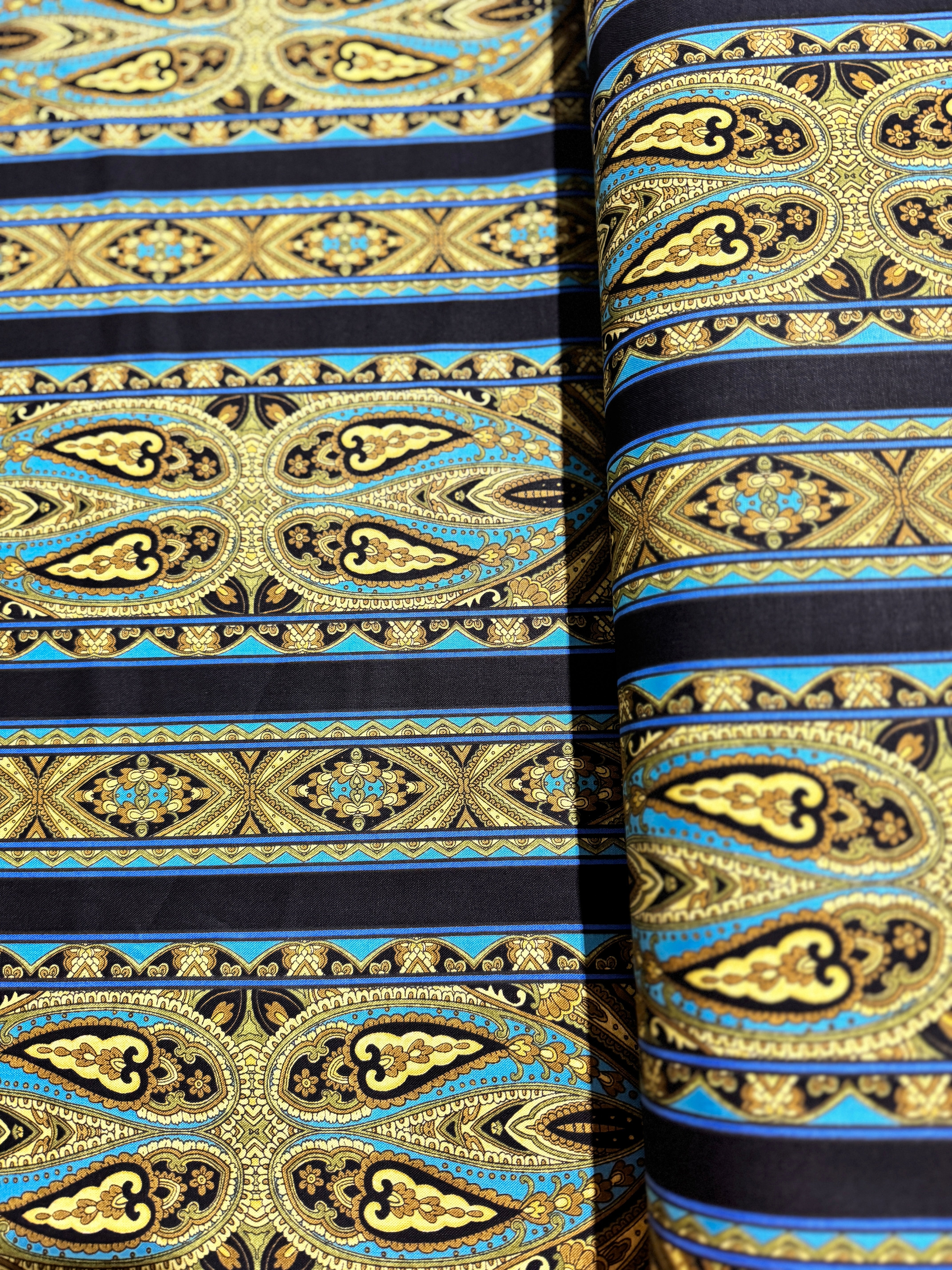 Casablanca - Border Bright Teal fabric by Jinny Beyer for RJR Fabrics with ornate teal and navy border design on 100% cotton.