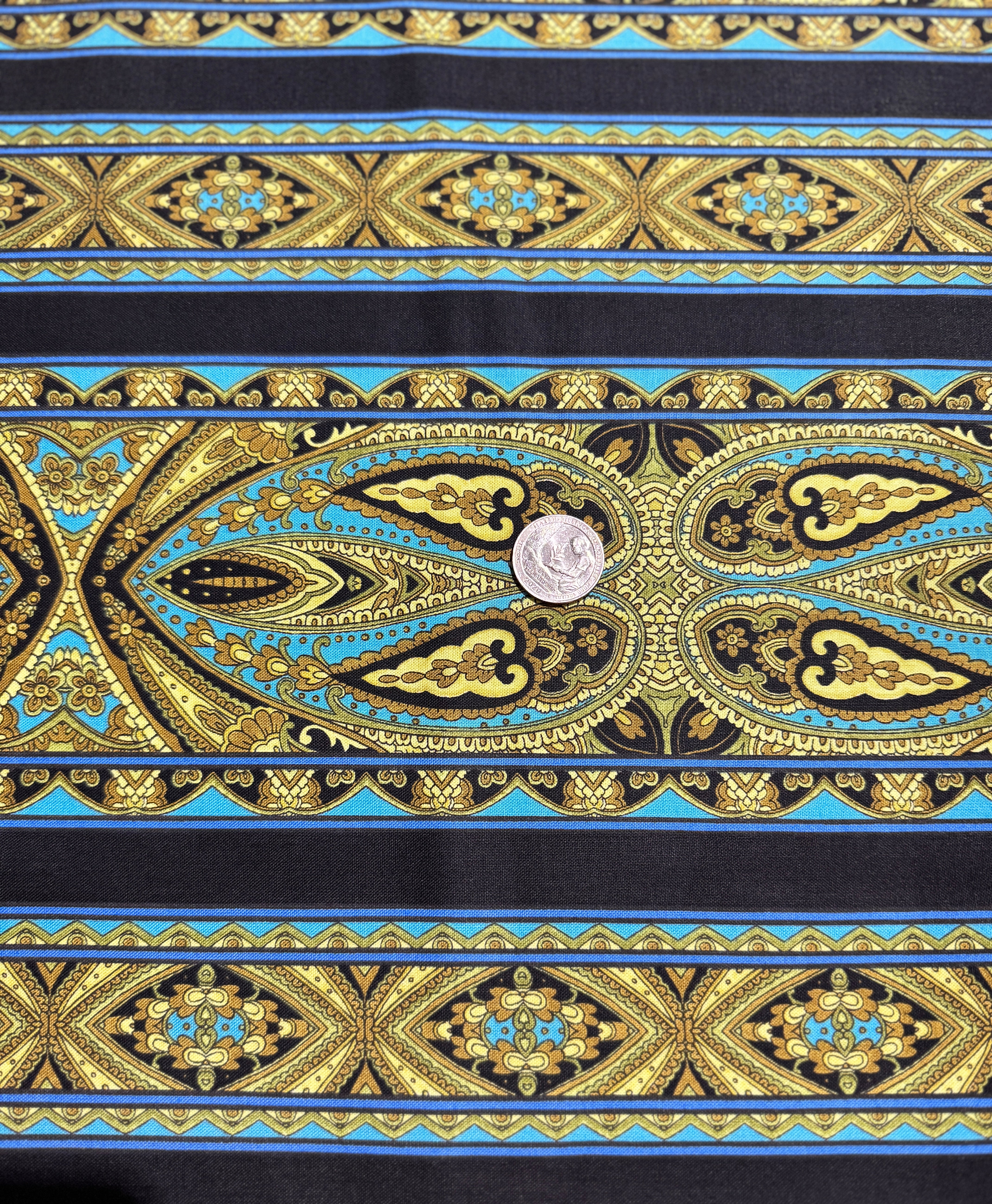 Casablanca - Border Bright Teal fabric by Jinny Beyer for RJR Fabrics with ornate teal and navy border design on 100% cotton.