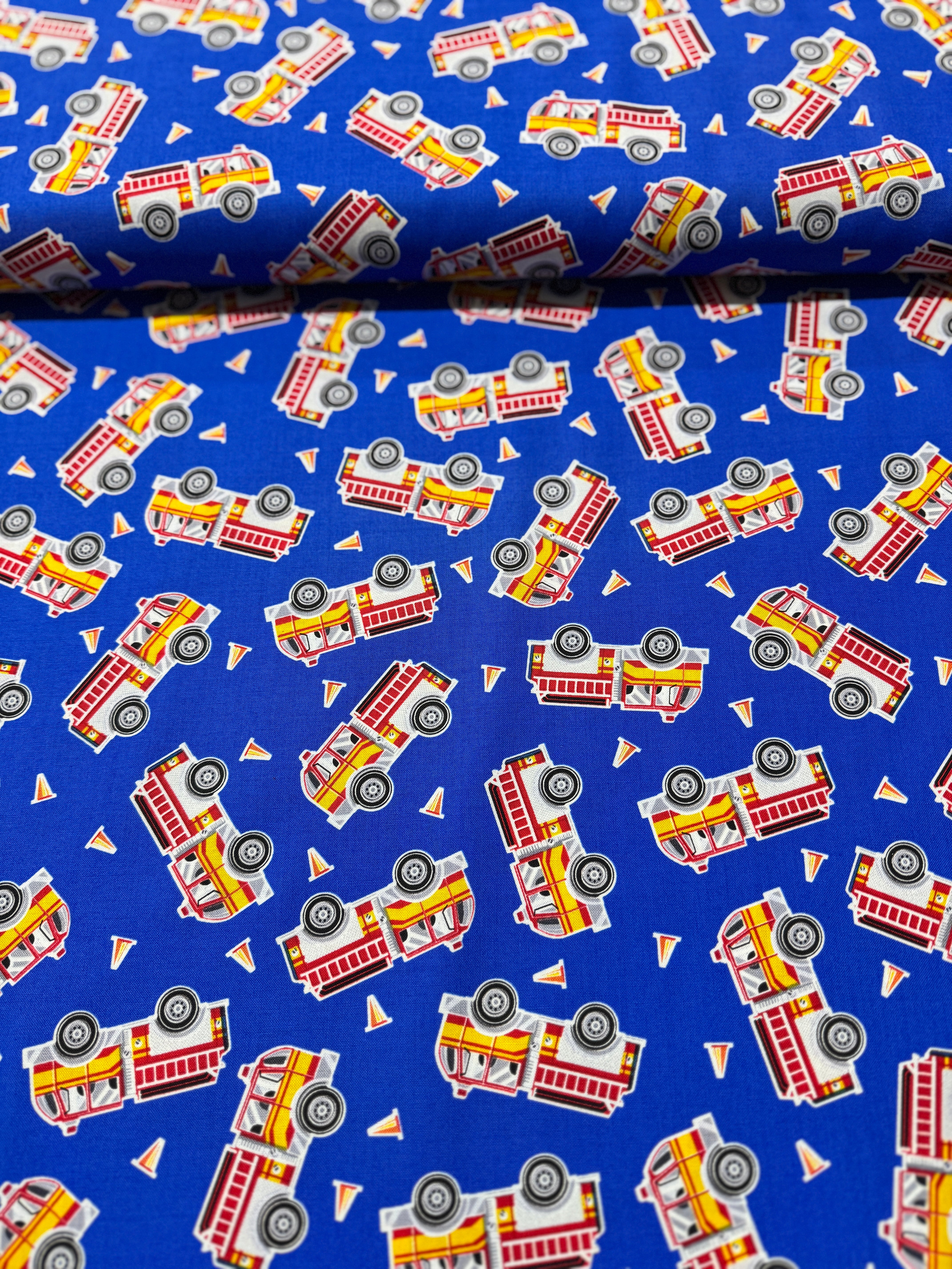 Glow in the Dark - Save the Day - Fire Engines on Blue Yardage