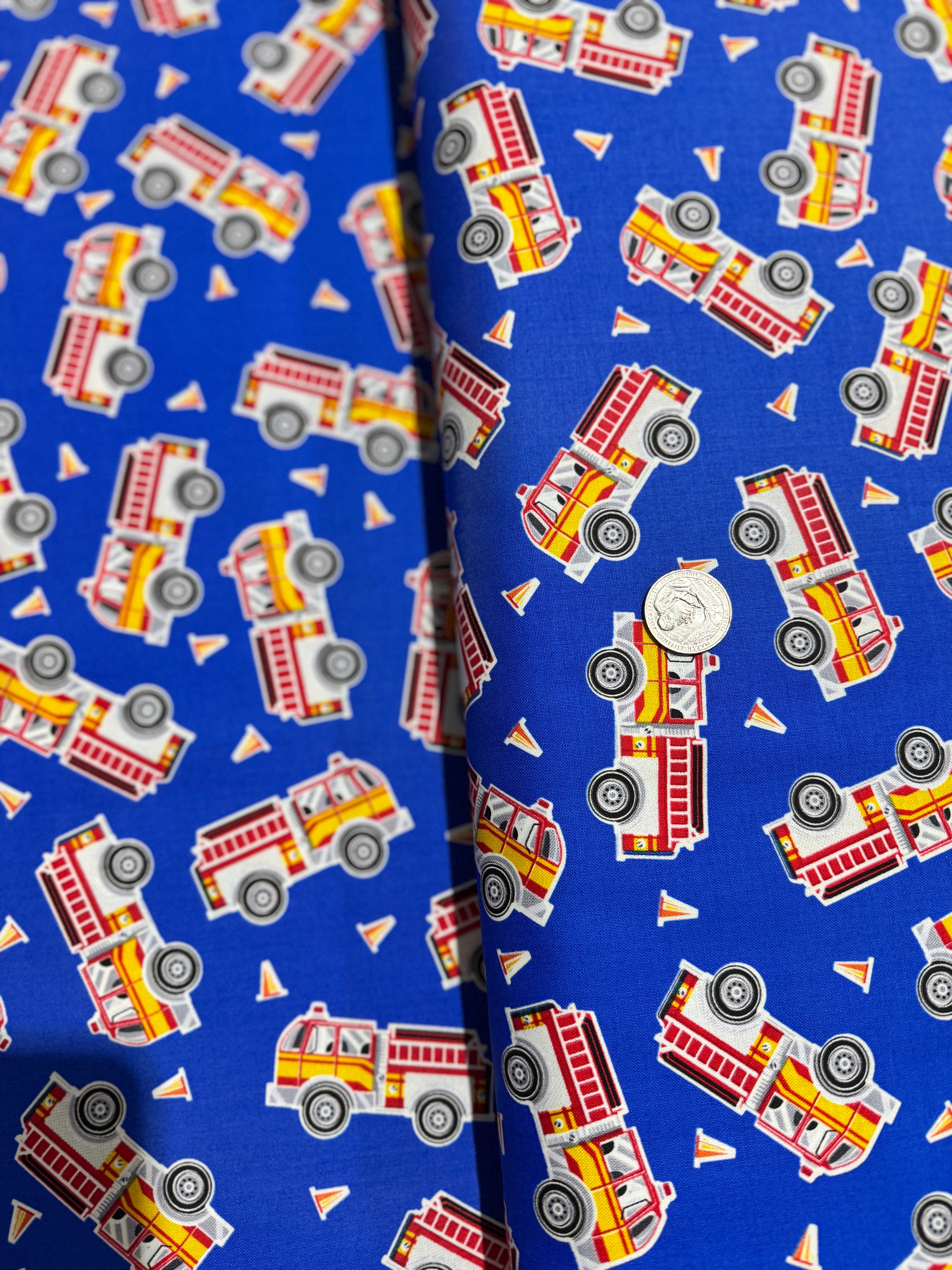 Glow in the Dark - Save the Day - Fire Engines on Blue Yardage