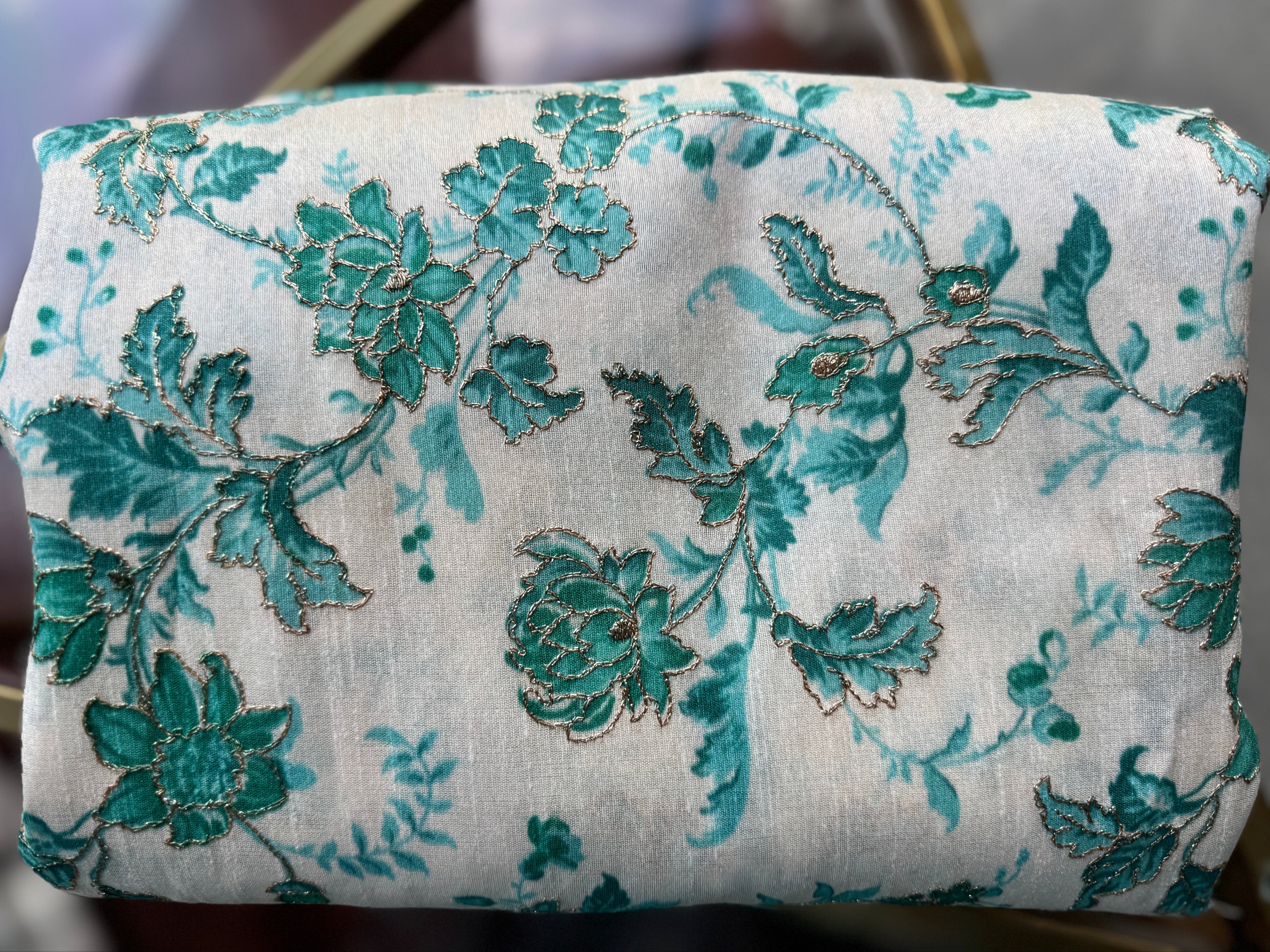 Teal Artificial Silk Screen Print with Gold Thread Embroidery/Lustrous Fabric