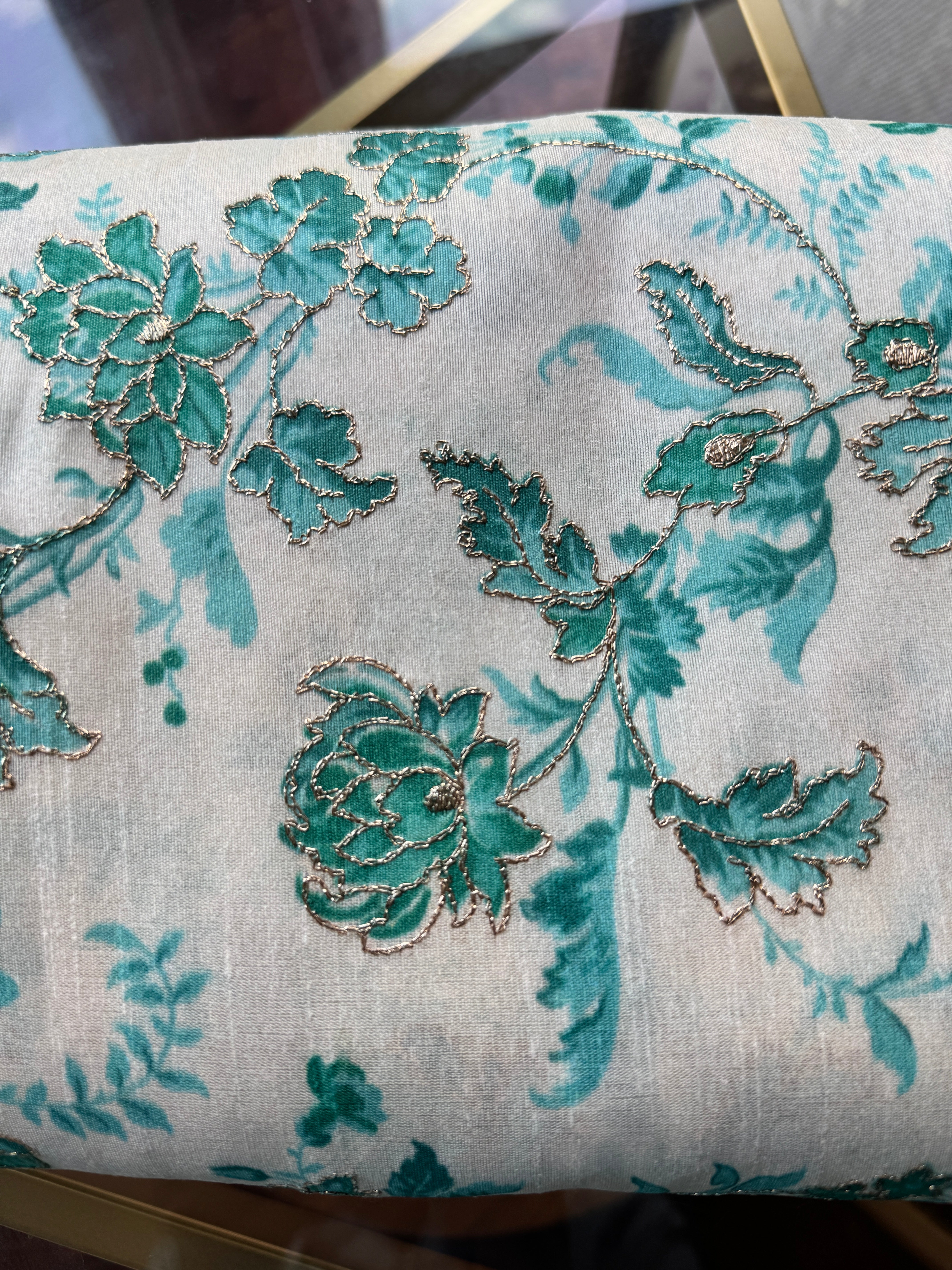 Teal Artificial Silk Screen Print with Gold Thread Embroidery/Lustrous Fabric