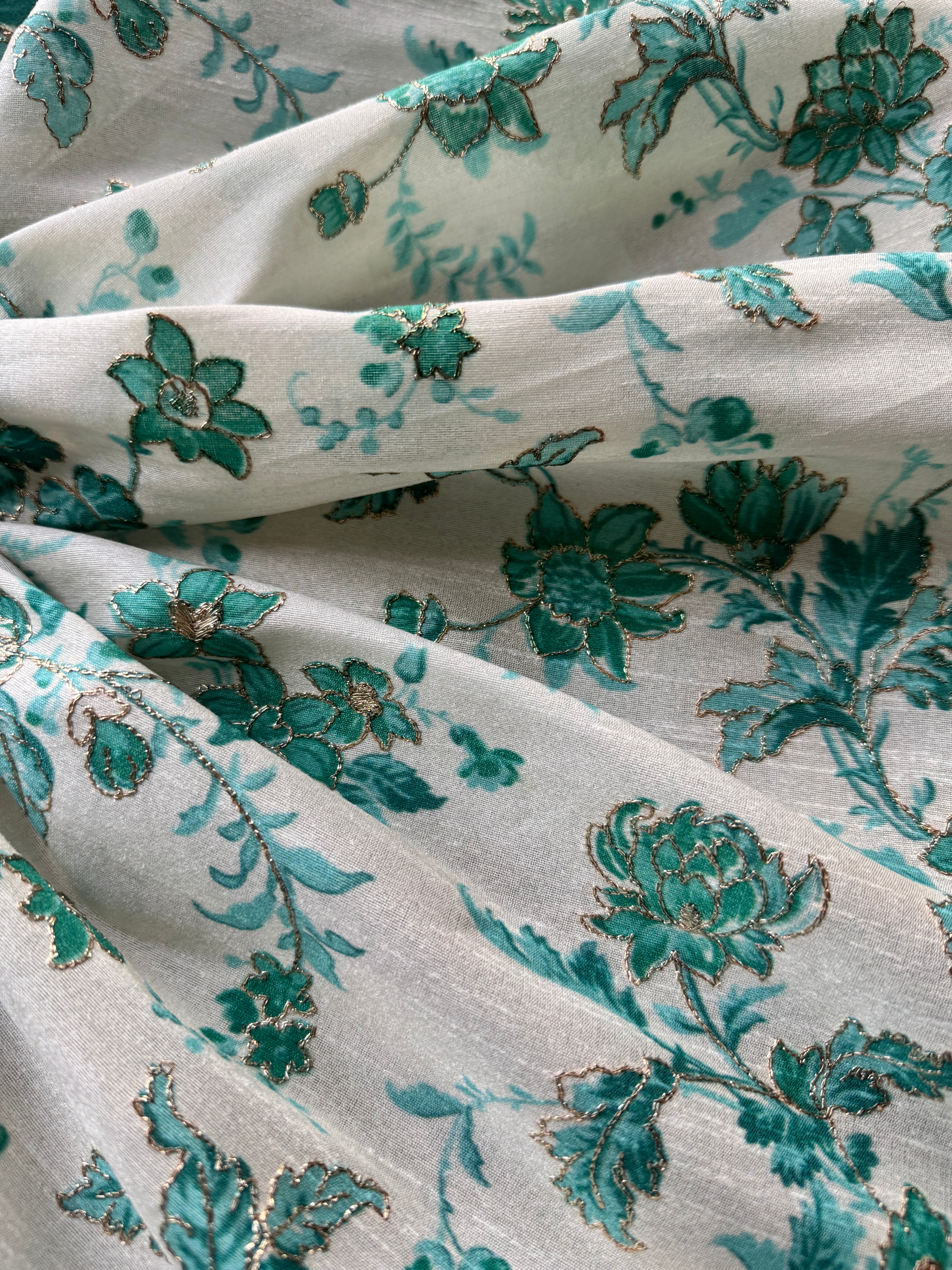 Teal Artificial Silk Screen Print with Gold Thread Embroidery/Lustrous Fabric