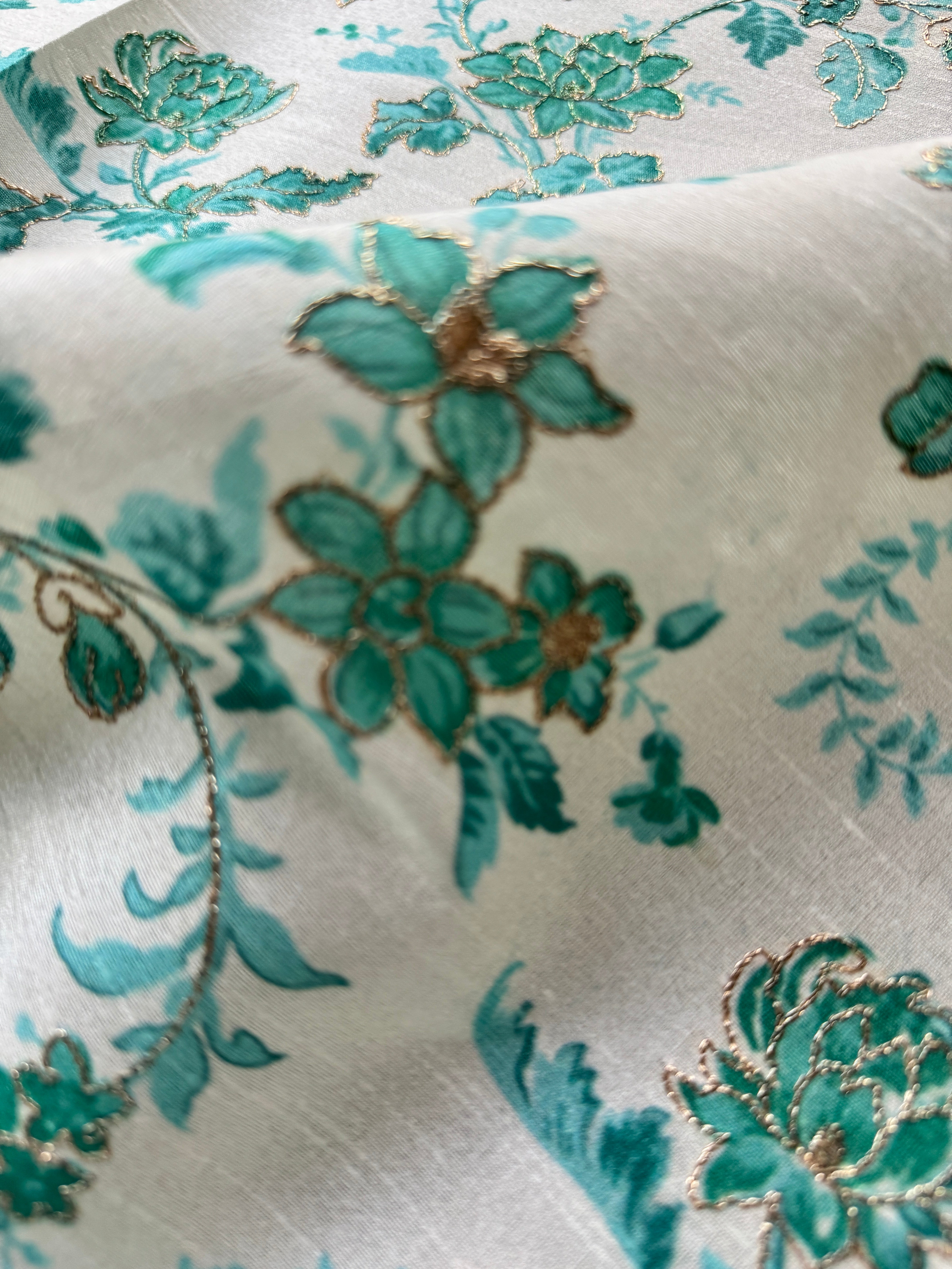 Teal Artificial Silk Screen Print with Gold Thread Embroidery/Lustrous Fabric