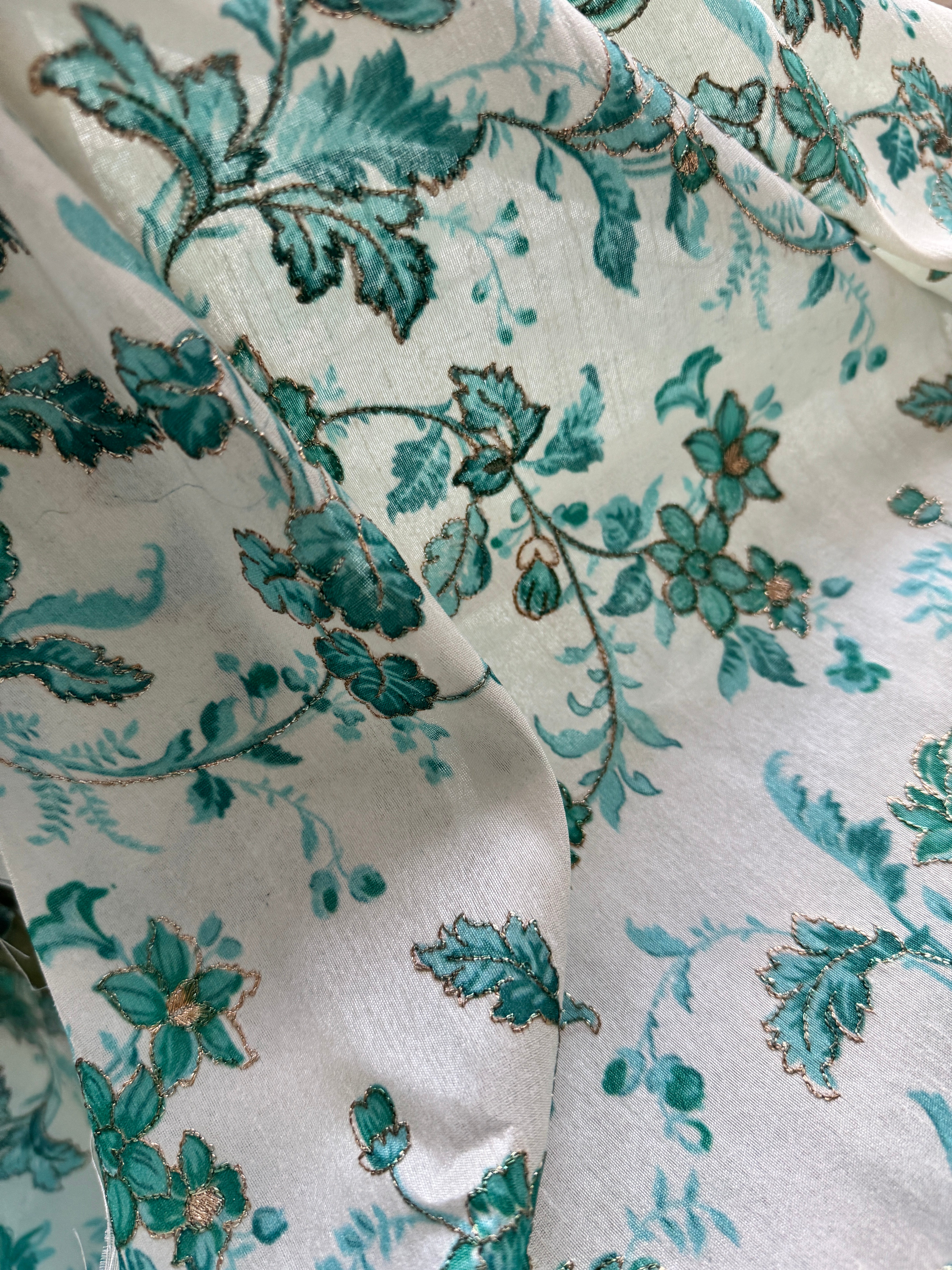 Teal Artificial Silk Screen Print with Gold Thread Embroidery/Lustrous Fabric