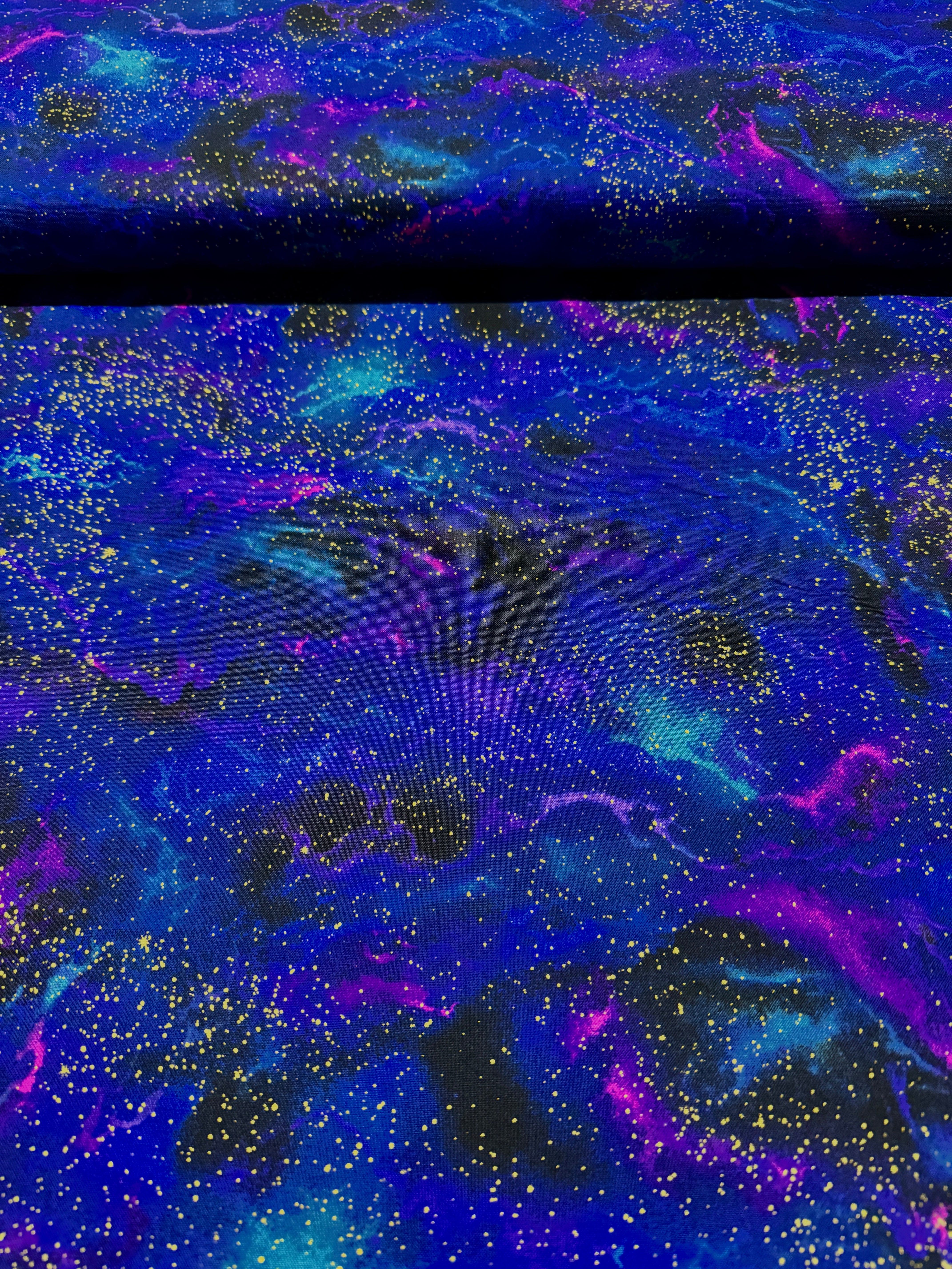 Cosmos Galaxy Cosmic Sky Metallic Fabric by Chong-A Hwang for Timeless Treasures, cotton fabric with shimmering metallic galaxy print for quilting and sewing projects.