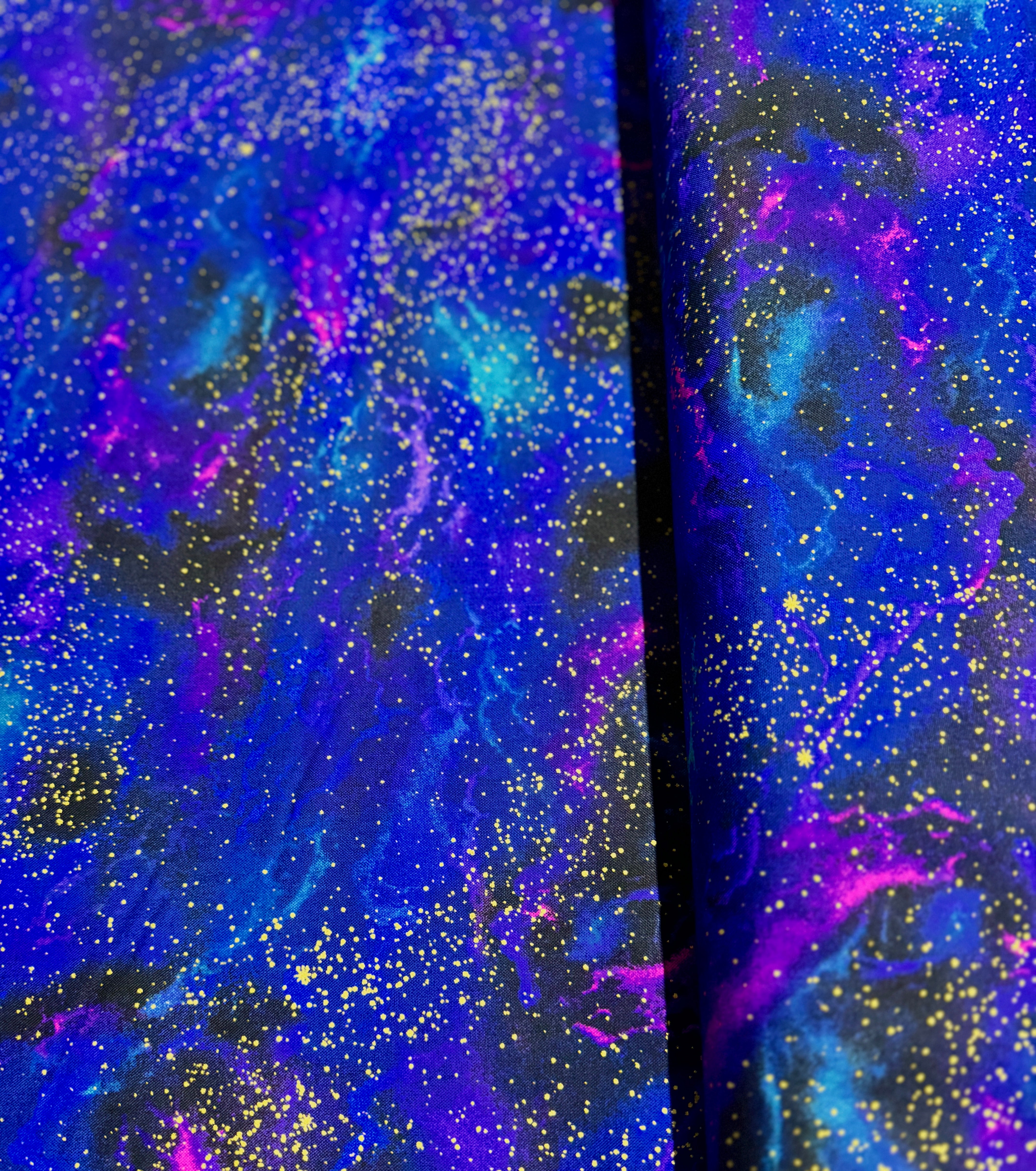 Cosmos Galaxy Cosmic Sky Metallic Fabric by Chong-A Hwang for Timeless Treasures, cotton fabric with shimmering metallic galaxy print for quilting and sewing projects.
