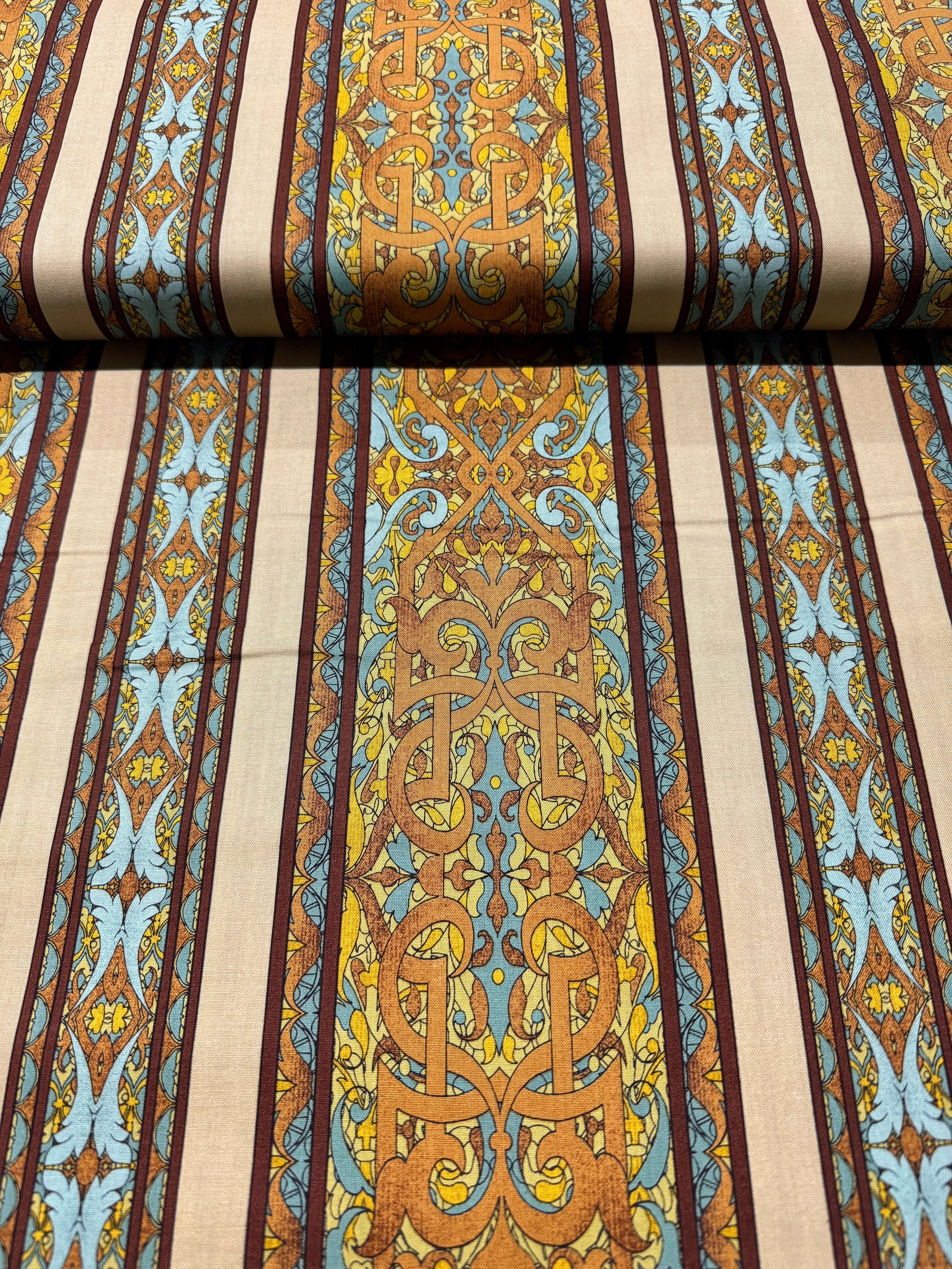 Miyako Border Yellow Fabric by Jinny Beyer – Asian-style geometric and floral border cotton print for RJR Fabrics.