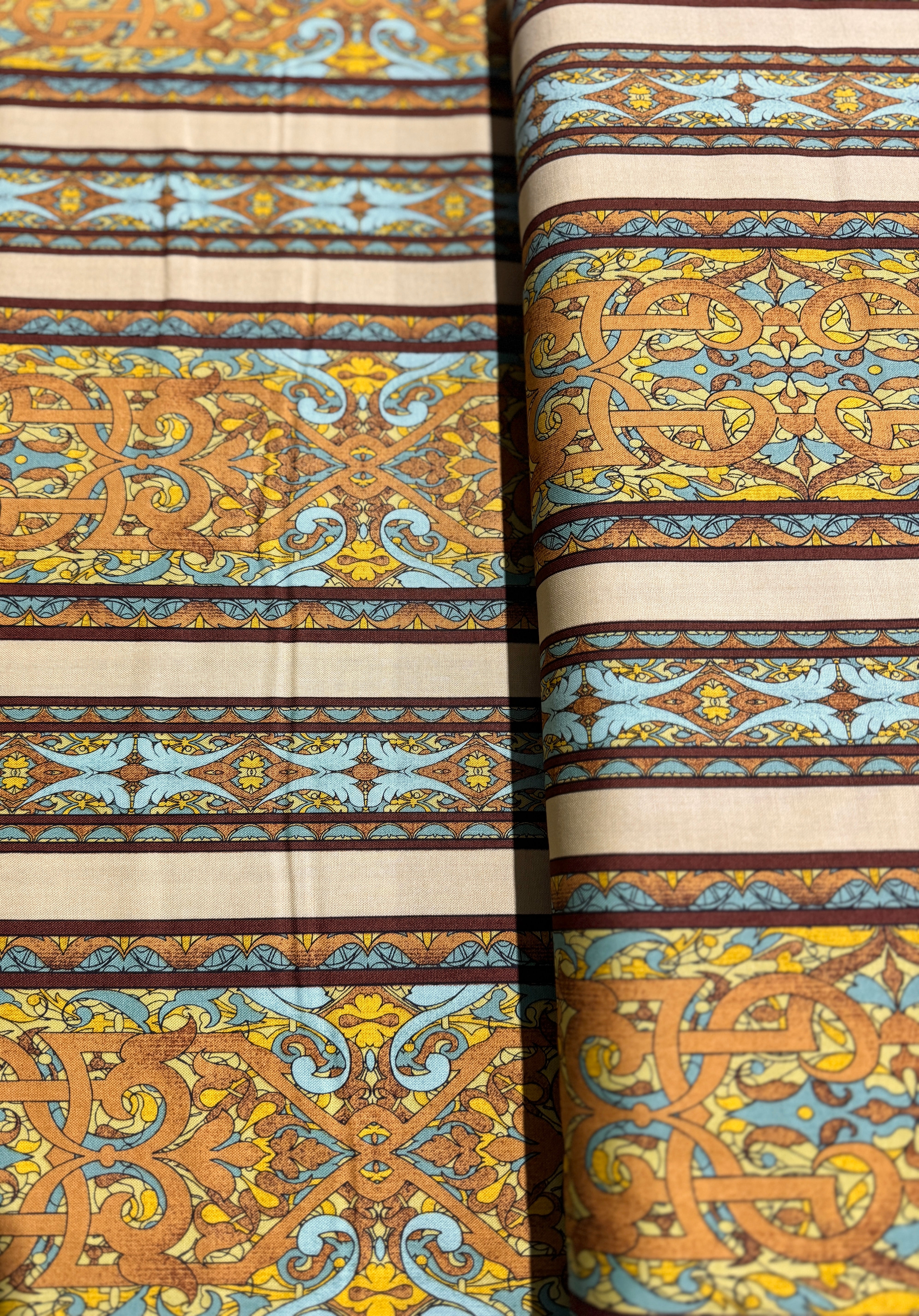 Miyako Border Yellow Fabric by Jinny Beyer – Asian-style geometric and floral border cotton print for RJR Fabrics.