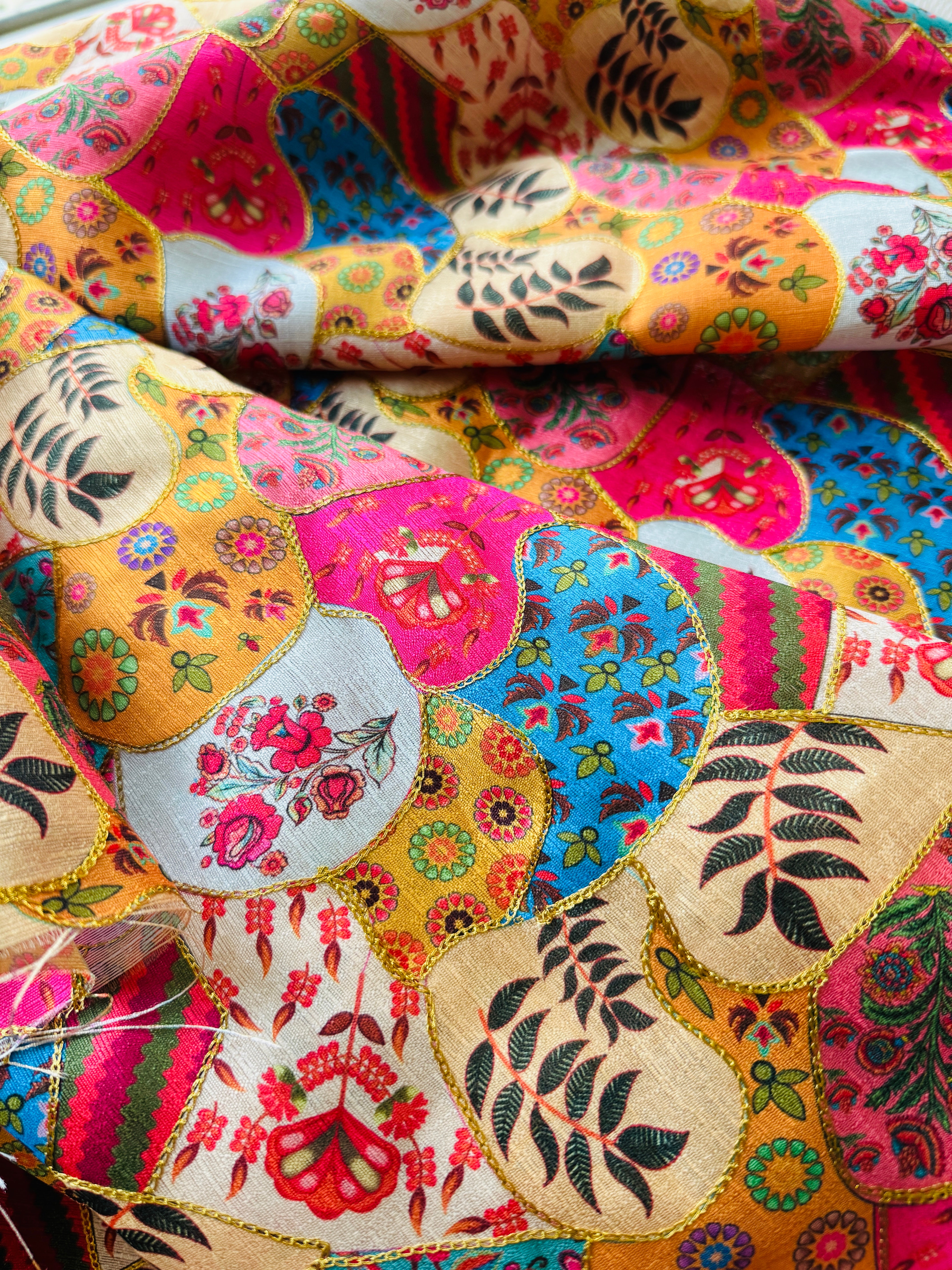 Multicolor Artificial Raw Silk Print with Embroidery - Remnant