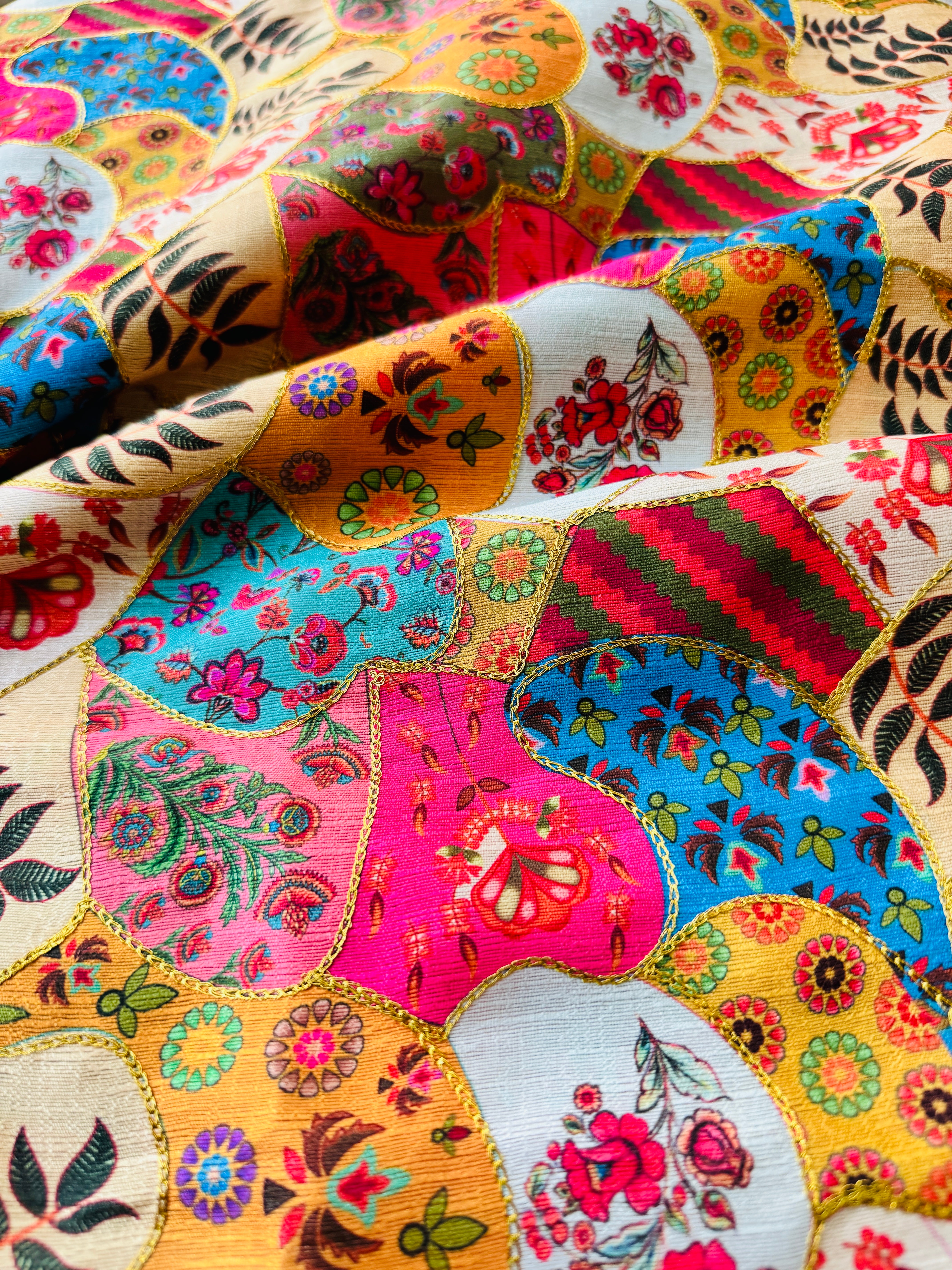 Multicolor Artificial Raw Silk Print with Embroidery - Remnant