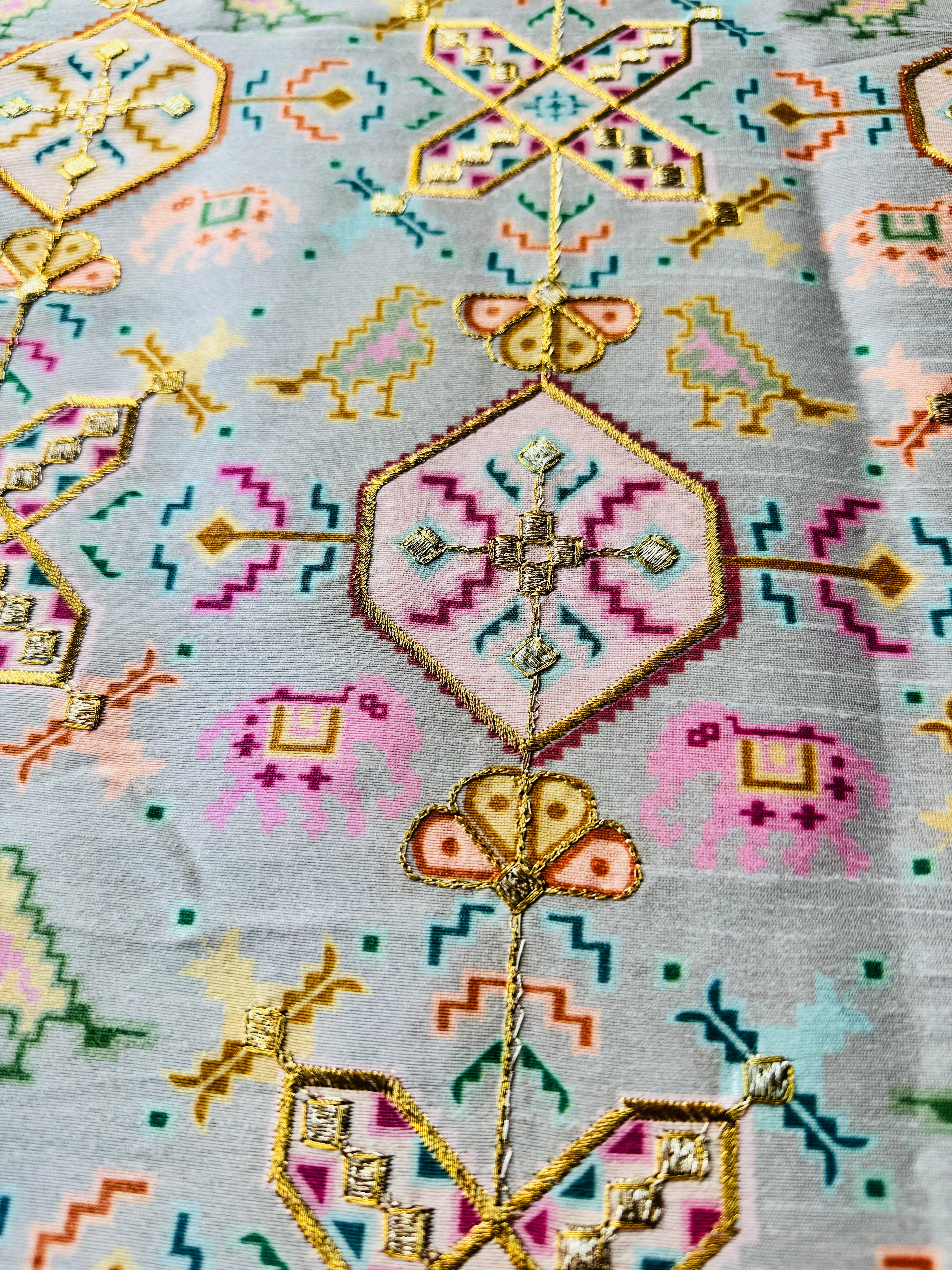 Grey Artificial Raw Silk Print with Embroidery Fabric