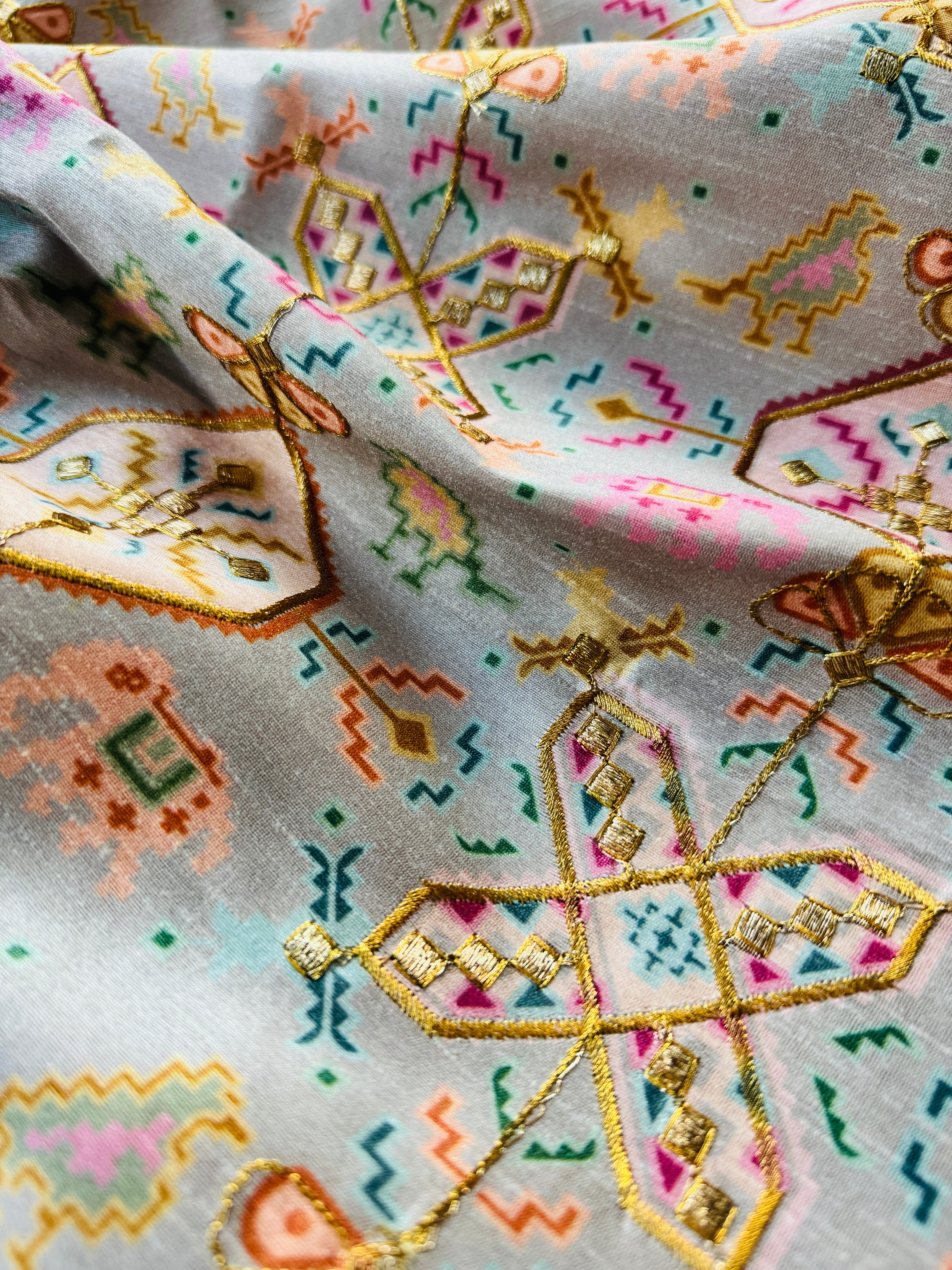 Grey Artificial Raw Silk Print with Embroidery Fabric