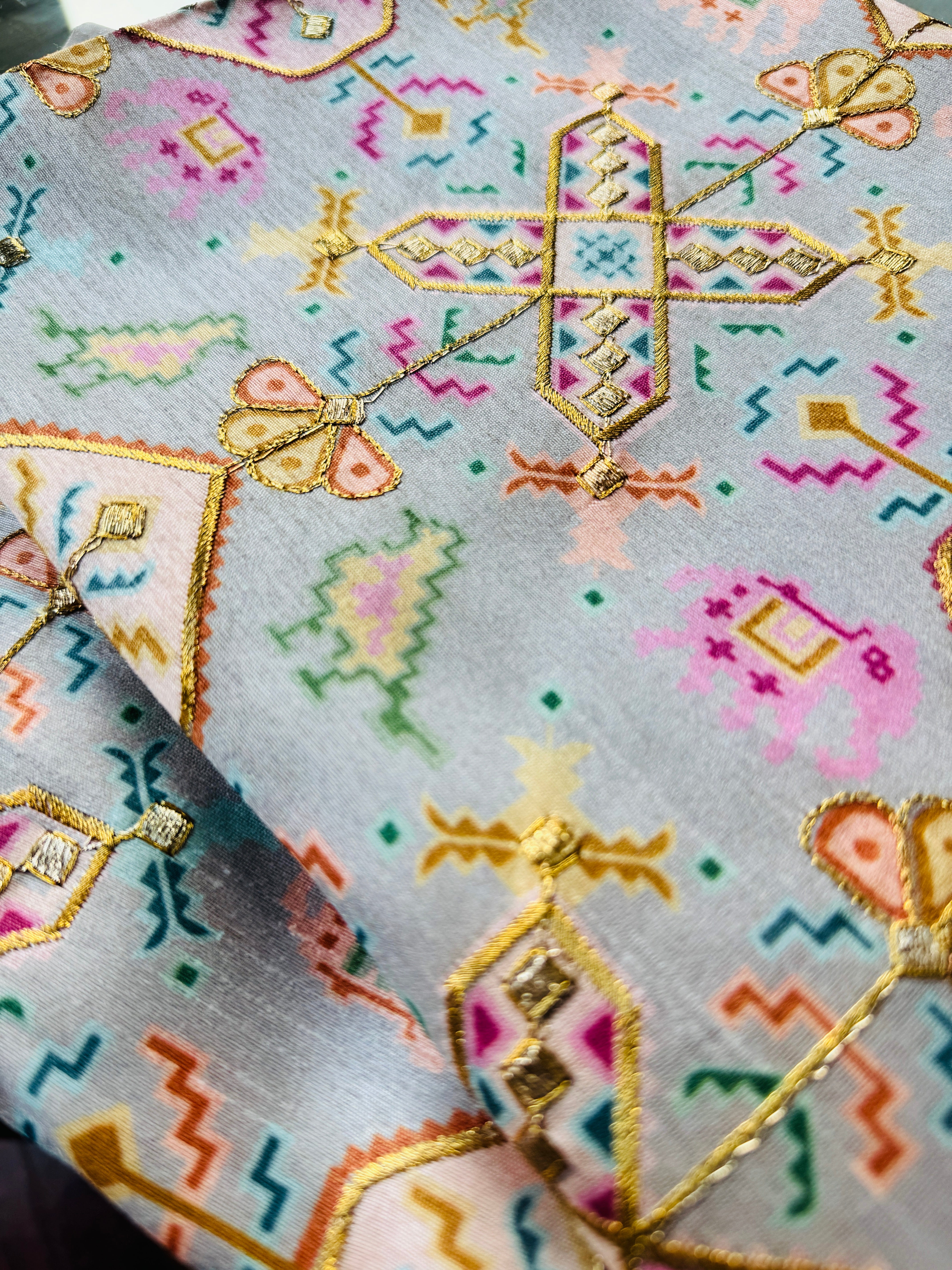 Grey Artificial Raw Silk Print with Embroidery Fabric