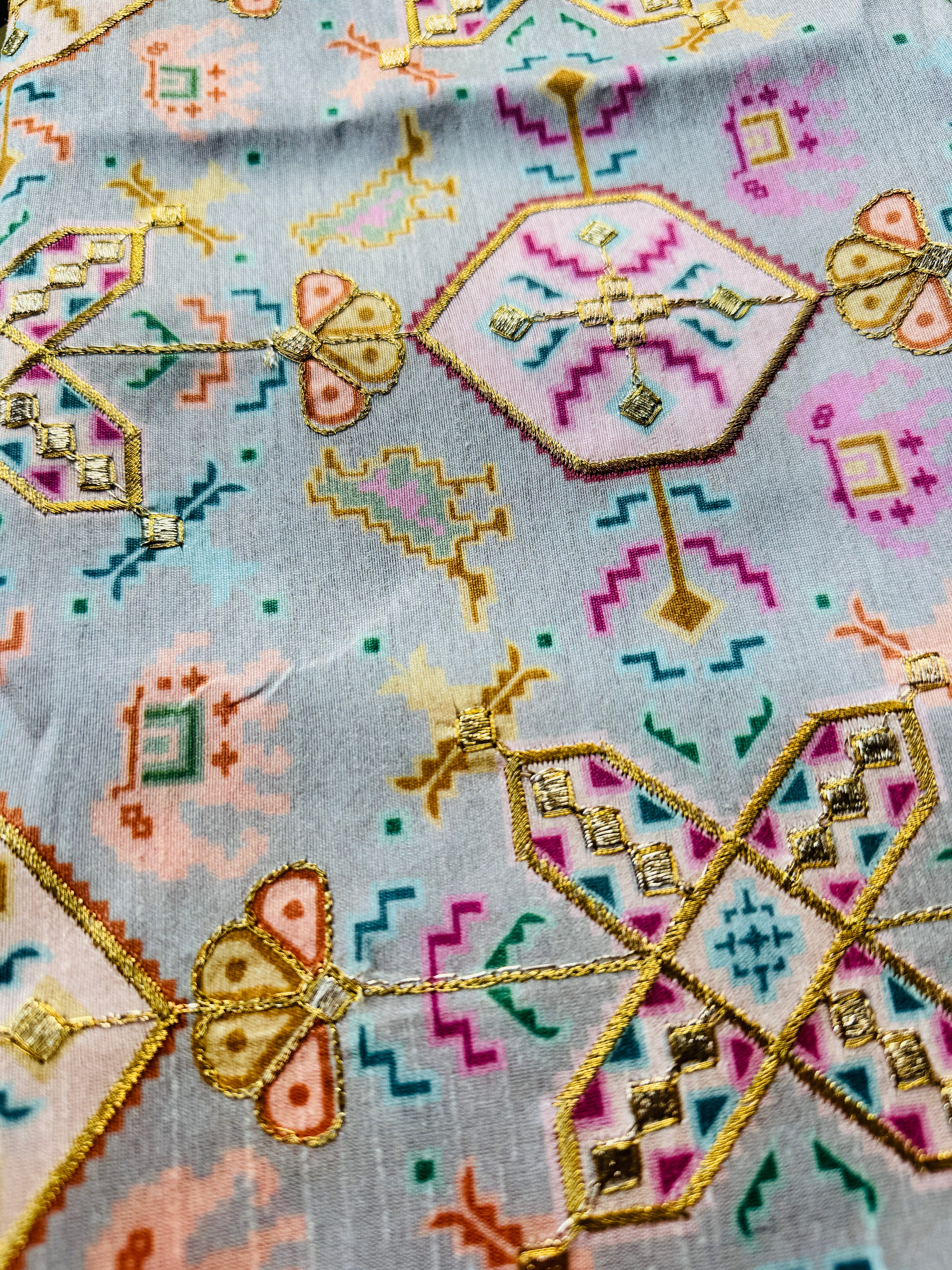 Grey Artificial Raw Silk Print with Embroidery Fabric