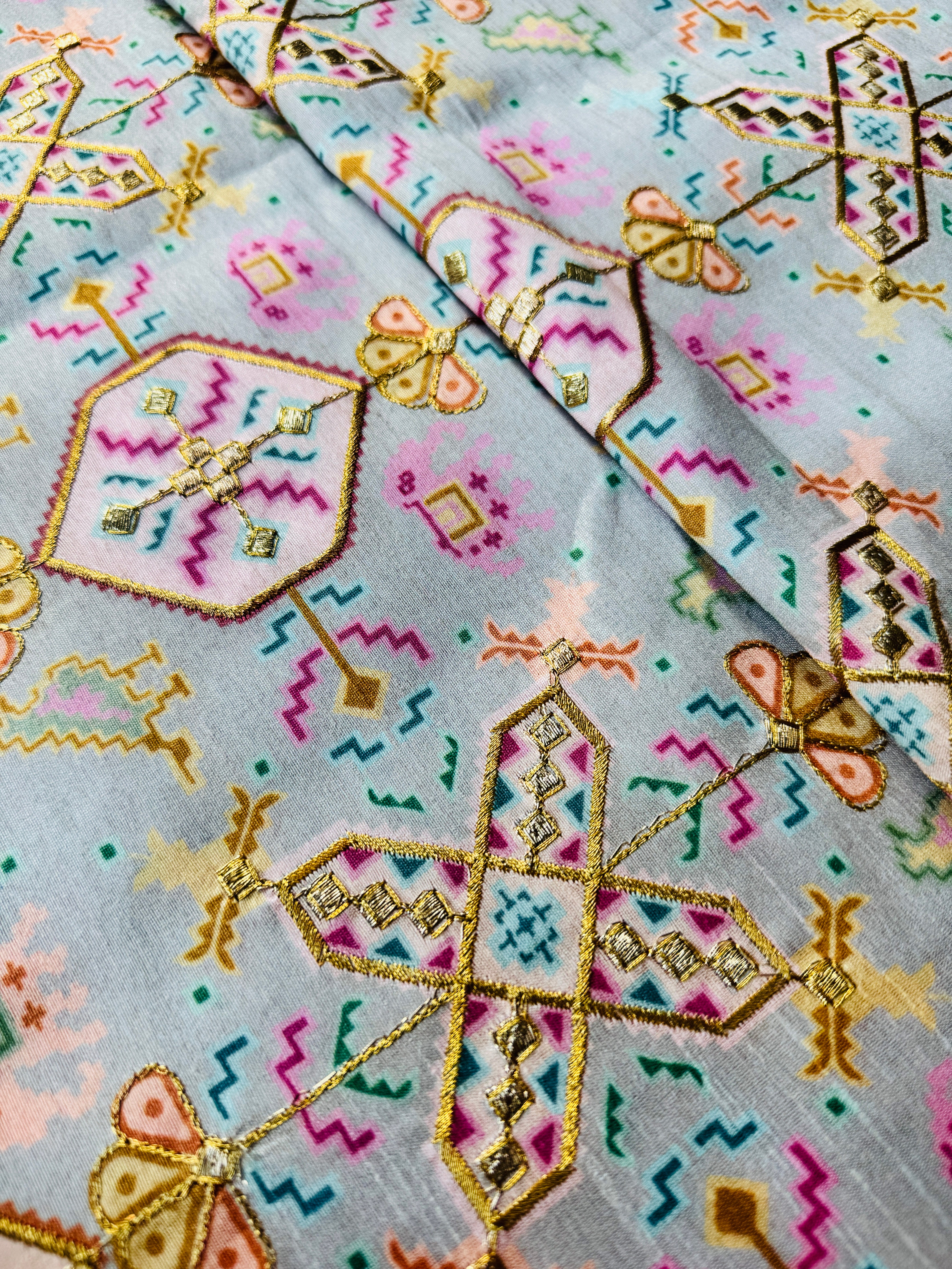 Grey Artificial Raw Silk Print with Embroidery Fabric