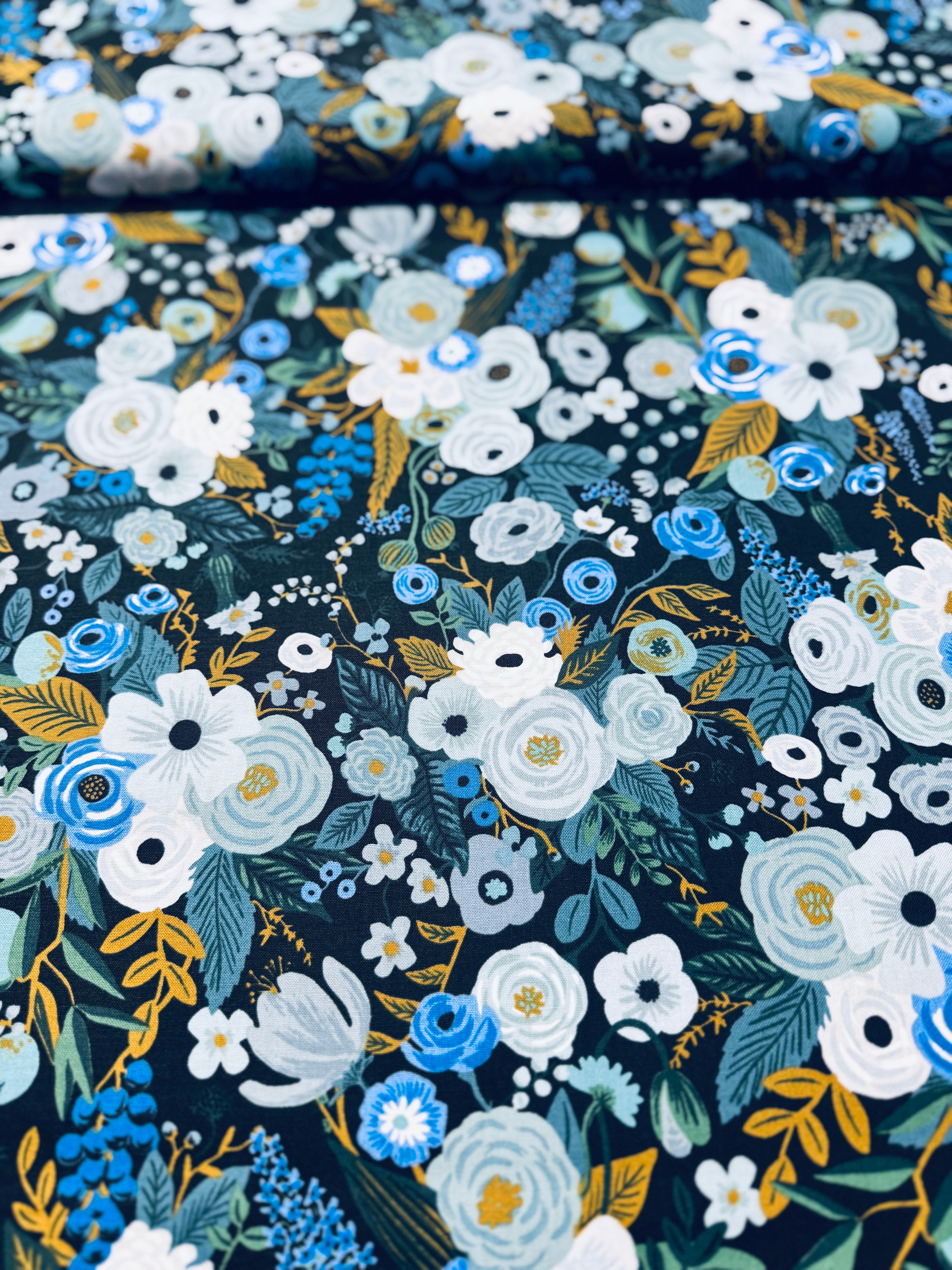 Wildwood – Garden Party Blue Fabric by Rifle Paper Co. for Cotton + Steel – botanical blue floral cotton print.