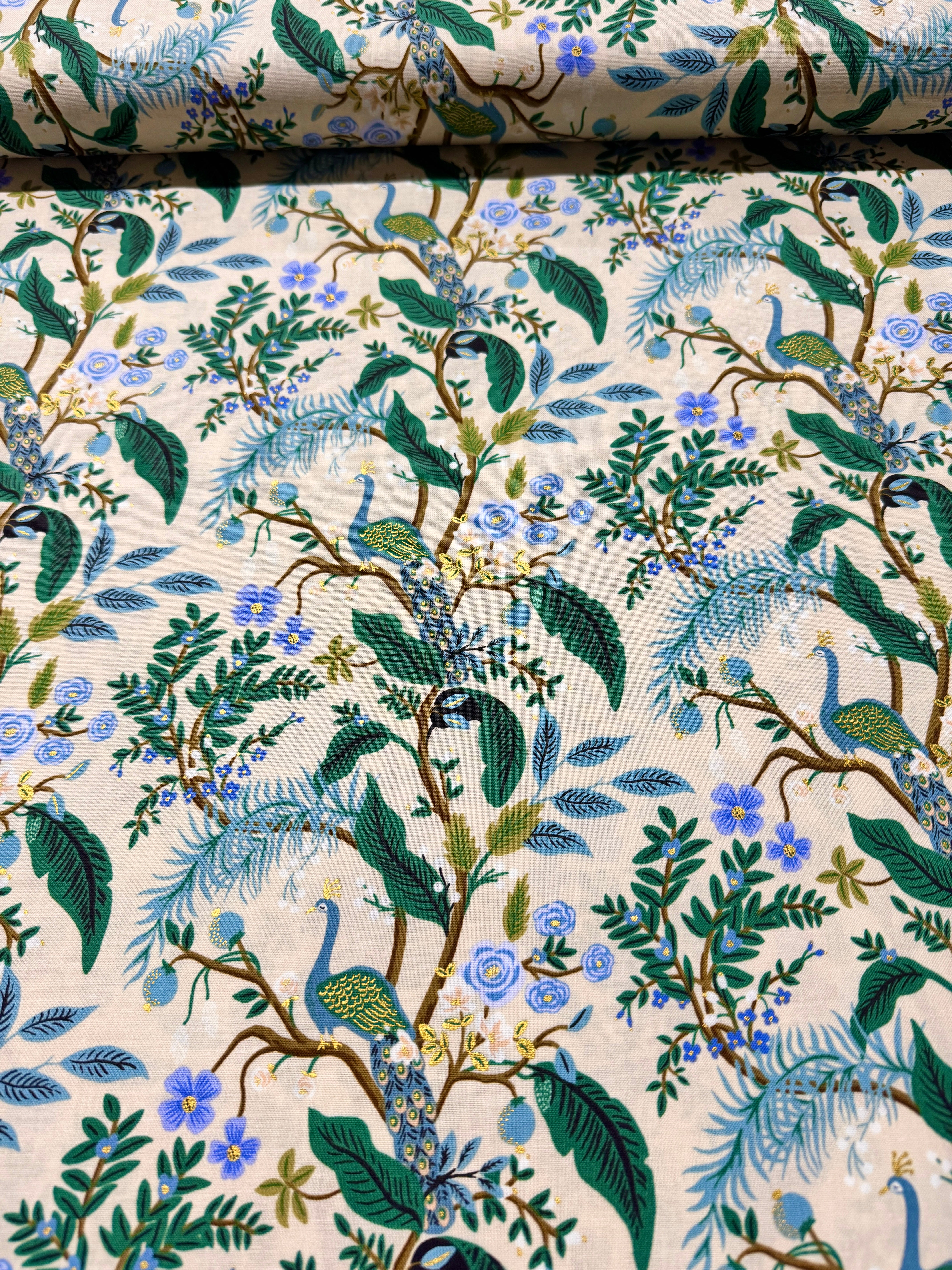 Vintage Garden - Peacock - Cream Metallic Yardage