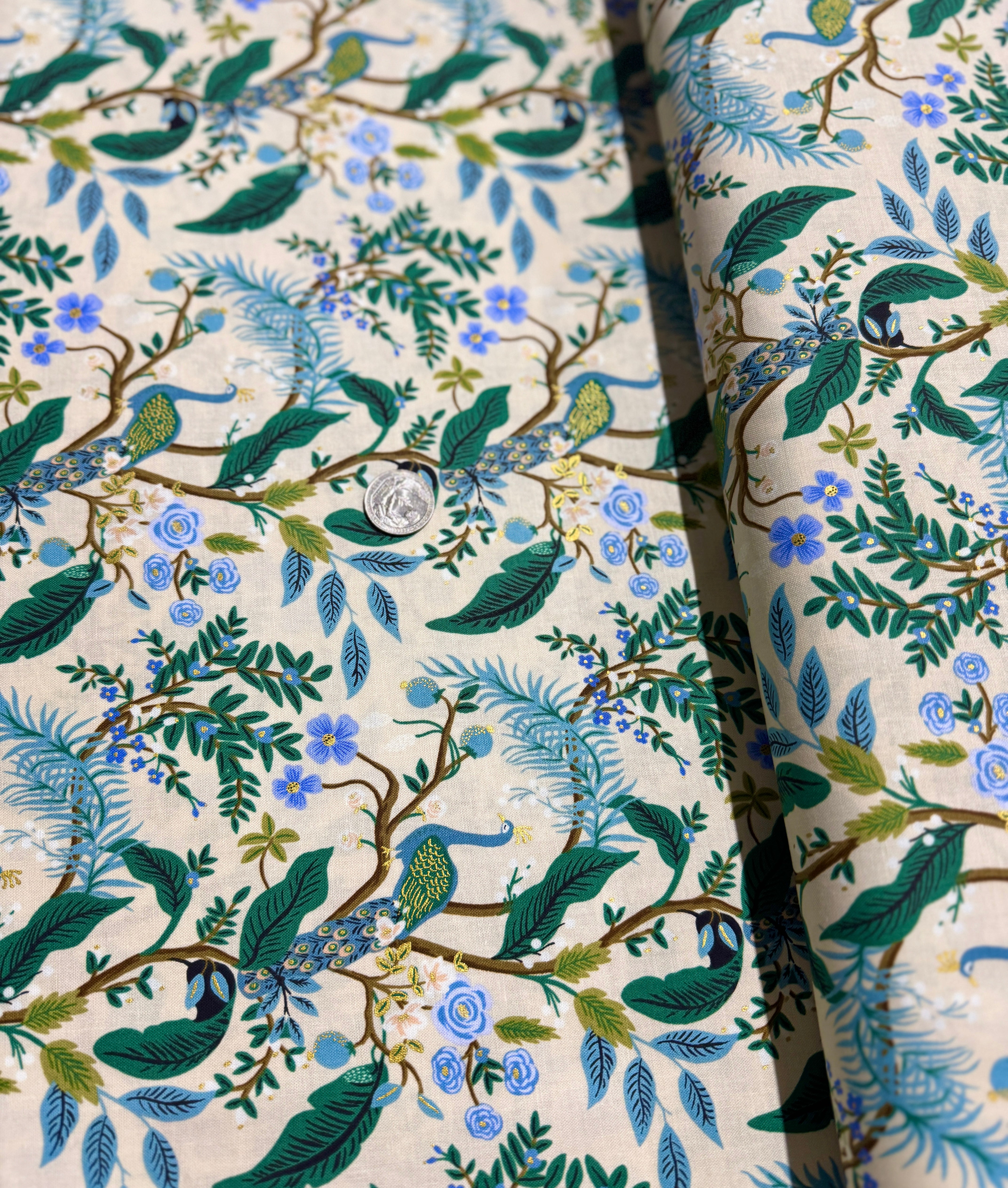 Vintage Garden - Peacock - Cream Metallic Yardage