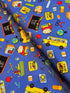 Blue School Rules cotton fabric featuring school buses, crayons, apples, chalkboards and classroom supplies by Blank Quilting.