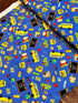 Blue School Rules cotton fabric featuring school buses, crayons, apples, chalkboards and classroom supplies by Blank Quilting.