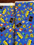 Blue School Rules cotton fabric featuring school buses, crayons, apples, chalkboards and classroom supplies by Blank Quilting.