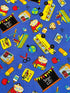 Blue School Rules cotton fabric featuring school buses, crayons, apples, chalkboards and classroom supplies by Blank Quilting.